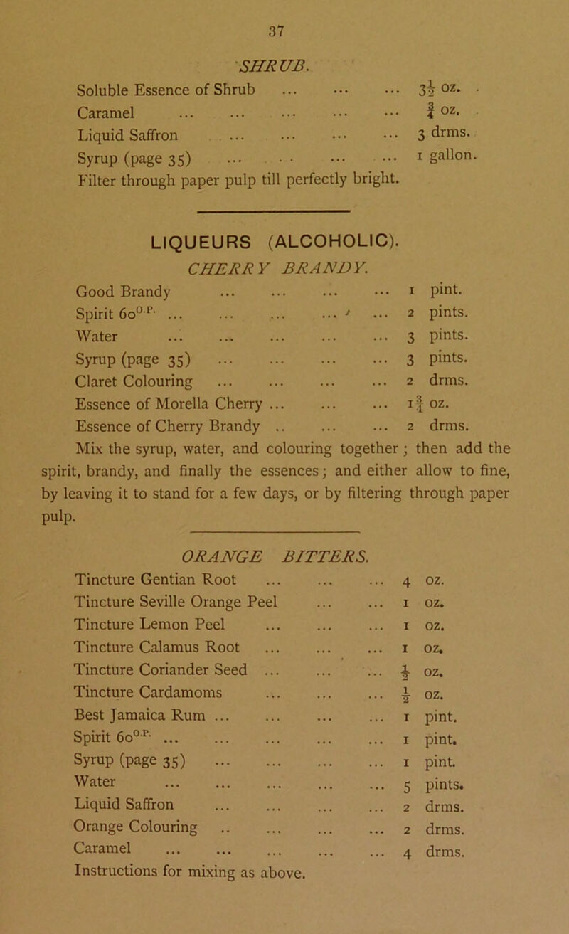 SHRUB. Soluble Essence of Shrub Caramel ... ... Liquid Saffron ... Syrup (page 35) ••• Filter through paper pulp till perfectly bright. 3? oz. J oz. 3 drms. 1 gallon. LIQUEURS (ALCOHOLIC). CHERRY BRANDY. Good Brandy ... 1 pint. Spirit 6oo p- ... / ... 2 pints. Water 3 Pints- Syrup (page 35) 3 pints. Claret Colouring 2 drms. Essence of Morelia Cherry ... i| oz. Essence of Cherry Brandy .. 2 drms. Mix the syrup, water, and colouring together; then add the spirit, brandy, and finally the essences ; and either allow to fine, by leaving it to stand for a few days, or pulp. by filtering through paper ORANGE BITTERS. Tincture Gentian Root ... 4 oz. Tincture Seville Orange Peel 1 oz. Tincture Lemon Peel 1 oz. Tincture Calamus Root 1 oz. Tincture Coriander Seed ... I oz. Tincture Cardamoms \ oz. Best Jamaica Rum ... 1 pint. Spirit 6oor- ... 1 pint. Syrup (page 35) 1 pint. Water ... 5 pints. Liquid Saffron 2 drms. Orange Colouring 2 drms. Caramel 4 drms. Instructions for mixing as above.