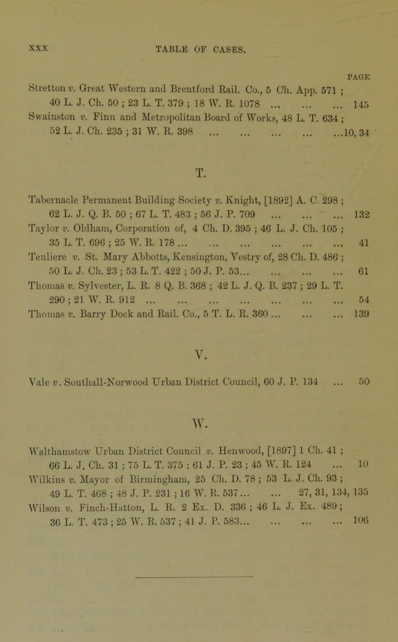 PAGE St ret toll v. Great Western and Brentford Rail. Co., 5 Ch. App. 571 ; 40 L. J. Ch. 50 ; 23 L. T. 379 ; 18 W. R. 1078 145 Swainston v. Finn and Metropolitan Board of Works, 48 L. T. 634 ; 52 L. J. Ck. 235 ; 31 W. R. 398 10, 34 T. Tabernacle Permanent Building Society v. Knight, [1892] A. C 298 ; 62 L. J. Q. B. 50 ; 67 L. T. 483 ; 56 J. P. 709 132 Taylor v. Oldham, Corporation of, 4 Ch. D. 395 ; 46 L. J. Ch. 105 ; 35 L. T. 696 ; 25 W. R. 178 41 Teuliere v. St. Mary Abbolts, Kensington, Vestry of, 28 Ch. D. 486 ; 50 L. J. Ch. 23 ; 53 L. T. 422 ; 50 J. P. 53 61 Thomas v. Sylvester, L. R. 8 Q. B. 368 ; 42 L. J. Q. B. 237 ; 29 L. T. 290 ; 21 W. R. 912 54 Thomas v. Barry Dock and Rail. Co., 5 T. L. R. 360 139 V. Vale v. Southall-Nonvood Urban District Council, 60 J. P. 134 ... 50 w. Walthamstow Urban District Council v. Hemvood, [1897] 1 Ch. 41 ; 66 L. J. Ch. 31 ; 75 L. T. 375 ; 61 J. P. 23 ; 45 W. R. 124 ... 10 Wilkins v. Mayor of Birmingham, 25 Ch. D. 78; 53 L. J. Ch. 93 ; 49 L. T. 468 ; 48 J. P. 231 ; 16 W. R. 537 27, 31, 134, 135 Wilson v. Finch-Hatton, L. R. 2 Ex. D. 336 ; 46 L. J. Ex. 489; 36 L. T. 473 ; 25 W. R. 537 ; 41 J. P. 583 106