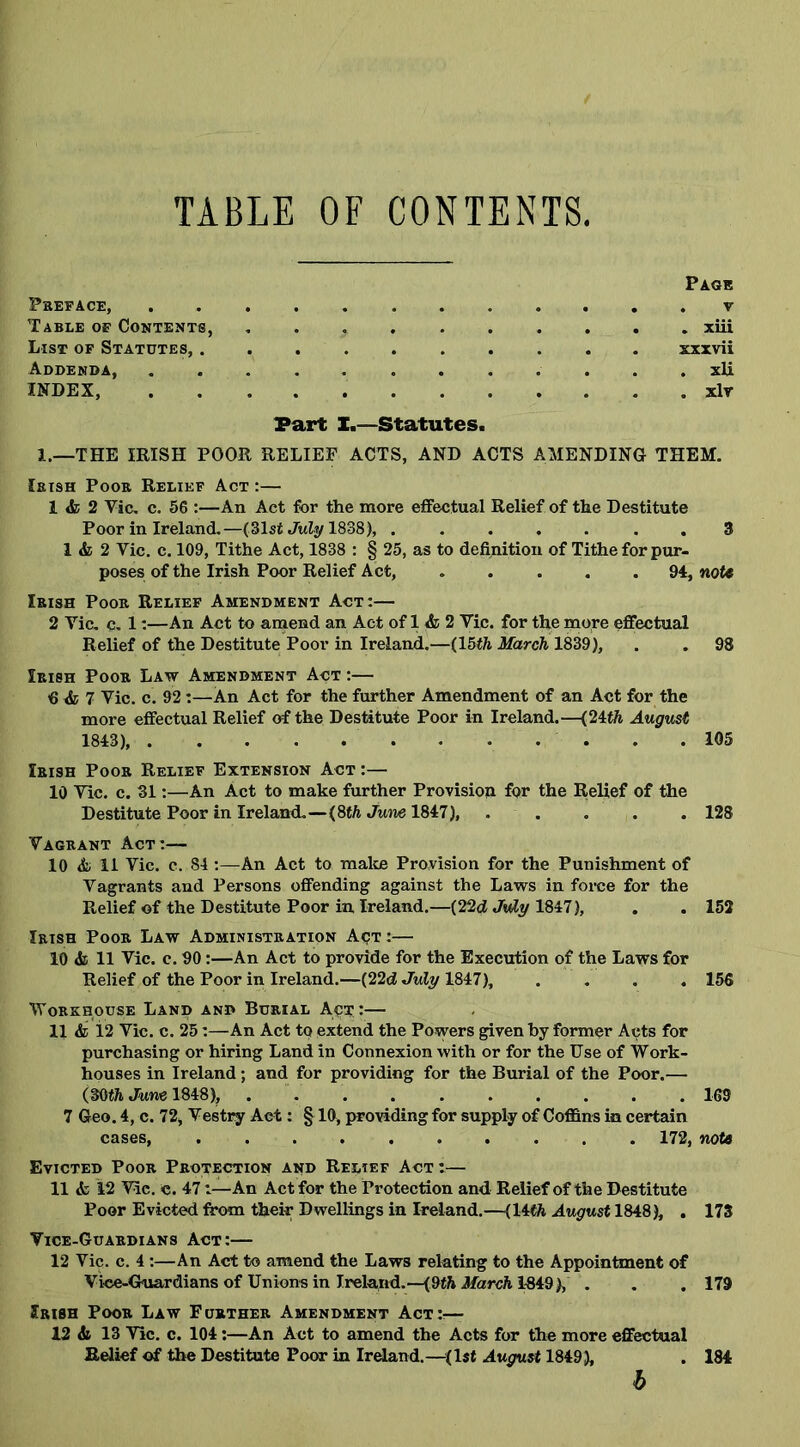 TABLE OF CONTENTS Page Preface, v Table of Contents, . xiii List of Statutes, .......... xxxvii Addenda, xli INDEX, xlr Part X.—Statutes. 1.—THE IRISH POOR RELIEF ACTS, AND ACTS AMENDING THEM. Irish Poor Relief Act :— 1 <fc 2 Vic, c. 56 :—An Act for the more effectual Relief of the Destitute Poor in Ireland.—(31st July 1838), ....... 3 1 & 2 Vic. c. 109, Tithe Act, 1838 : § 25, as to definition of Tithe for pur- poses of the Irish Poor Relief Act, ..... 94, note Irish Poor Relief Amendment Act:— 2 Vic. c. 1:—An Act to amend an Act of 1 & 2 Vic. for the more effectual Relief of the Destitute Poor in Ireland.—(15th March 1839), . . 98 Irish Poor Law Amendment Act :— 6 tfc 7 Vic. c. 92:—An Act for the further Amendment of an Act for the more effectual Relief of the Destitute Poor in Ireland.—(24th August 1843), 105 Irish Poor Relief Extension Act :— 10 Vic. c. 31An Act to make further Provision for the Relief of the Destitute Poor in Ireland.—(8th Jum 1847), ..... 128 Vagrant Act:— 10 11 Vic. c. 84 :—An Act to make Provision for the Punishment of Vagrants and Persons offending against the Laws in force for the Relief of the Destitute Poor in Ireland.—(22<2 July 1847), . . 152 Irish Poor Law Administration A<?t :— 10 & 11 Vic. c. 90:—An Act to provide for the Execution of the Laws for Relief of the Poor in Ireland.—(22d July 1847), .... 156 Workhouse Land and Burial A<pa;:— 11 & 1.2 Vic. c. 25:—An Act to extend the Powers given by former Acts for purchasing or hiring Land in Connexion with or for the Use of Work- houses in Ireland; and for providing for the Burial of the Poor.— (30tA June 1848), . 169 7 Geo. 4, c. 72, Vestry Act: § 19, providing for supply of Coffins in certain cases, 172, note Evicted Poor Protection and Relief Act :— 11 & 12 Vic. c. 47:—An Act for the Protection and Relief of the Destitute Poor Evicted from their Dwellings in Ireland.—(14tfc August 1848), . 173 Vice-Guardians Act:— 12 Vic. c. 4:—An Act to amend the Laws relating to the Appointment of Vice-Guardians of Unions in Ireland.—(9th March 1-849), . . . 179 Irish Poor Law Further Amendment Act:-— 12 & 13 Vic. c. 104:—An Act to amend the Acts for the more effectual Relief of the Destitute Poor in Ireland.—(1st August 1849), . 184 b