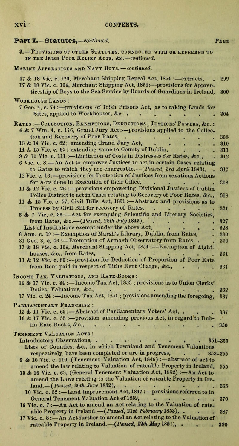 Part I.—Statutes,—continued. Paue 3.—Provisions of other Statctes, connected with or referred to in the Irish Poor Relief Acts, &c.—continued. Marine Apprentices and Navy Boys,—continued. 17 & 18 Vic. c. 120, Merchant Shipping Repeal Act, 1854 :—extracts, . 299 17 <b 18 Vic. c. 104, Merchant Shipping Act, 1854:—provisions for Appren- ticeship of Boys to the Sea Service by Boards of Guardians in Ireland, 300 Workhouse Lands : 7 Geo. 4, c. 74 :—provisions of Irish Prisons Act, as to taking Lands for Sites, applied to Workhouses, &c. ....... 304 Rates :—Collection, Exemptions, Deductions ; Justices’Powers, «fcc. : 6 & 7 Wm. 4, c. 116, Grand Jury Act:—provisions applied to the Collec- tion and Recovery of Poor Rates, ....... 308 13 & 14 Vic. c. 82: amending Grand Jury Act, 310 14 & 15 Vic. c. 65: extending same to County of Dublin, . . . 311 9 & 10 Vic. c. Ill:—Limitation of Costs in Distresses for Rates, &c., . 312 6 Vic. c. 8.—An Act to empower Justices to act in certain Cases relating to Rates to which they are chargeable.—(Passed, 3rd April 1843), . 317 12 Vic. c. 16:—provisions for Protection of Justices from vexatious Actions for Acts done in Execution of their Office, ..... 318 11 & 12 Vic. c. 26 :—provisions empowering Divisional Justices of Dublin Police District to act in Cases relating to Recovery of Poor Rates, &c., 318 14 & 15 Vic. c. 57, Civil Bills Act, 1851:—Abstract and provisions as to Process by Civil Bill for recovery of Rates, ..... 321 6 & 7 Vic. c. 36.—Act for exempting Scientific and Literary Societies, from Rates, &c.—(Passed, 28th July 1843), . . . . . 327 List of Institutions exempt under the above Act, .... 328 6 Ann. c. 19 :—Exemption of Marsh’s Library, Dublin, from Rates, . 330 31 Geo. 3, c. 46 :—Exemption of Armagh Observatory from Rates, . . 330 17 & 18 Vic. c. 104, Merchant Shipping Act, 1854 Exemption of Light- houses, &c., from Rates, . . . . . . . , 331 11 <fc 12 Vic. c. 80:—provision for Deduction of Proportion of Poor Rate from Rent paid in respect of Tithe Rent Charge, &c., . . . 331 Income Tax, Valuations, and Rate-Books : 16 «fc 17 Vic. c. 34 :—Income Tax Act, 1853 ; provisions as to Union Clerks’ Duties, Valuations, &c., ........ 332 17 Vic. c. 24 :—Income Tax Act, 1854 ; provisions amending the foregoing, 337 Parliamentary Franchise : 13 & 14 Vic. c. 69:—Abstract of Parliamentary Voters’ Act, . . . 337 16 & 17 Vic. c. 58 :—provision amending previous Act, in regard'to Dub- lin Rate Books, &c., . . . . . . . . 350 Tenement Valuation Acts : Introductory Observations, . . 351-355 Lists of Counties, &c., in which Townland and Tenement Valuations respectively, have been completed or are in progress, . . 353-355 9 & 10 Vic. c. 110, .(Tenement Valuation Act, 1846) :—abstract of act to amend the law relating to Valuation of rateable Property in Ireland, 355 15 & 16 Vic. c. 63, (General Tenement Valuation Act, 1852) :—An Act to amend the Laws relating to the Valuation of rateable Property in Ire- land.— (Passed, 30tft June 1852), ....... 3G5 10 Vic. c. 32 :—Land Improvement Act, 1847 :—provisions referred to in General Tenement Valuation Act of 1852, 370 16 Vic. c. 7:—An Act to amend an Act relating to the Valuation of rate- able Property in Ireland.—(Passed, 21at February 1853), . . . 337 17 Vic. c. 8:—An Act further to amend an Act relating to the Valuation of rateable Property in Ireland.—(Passed, 12/A May 1851), . , . 399
