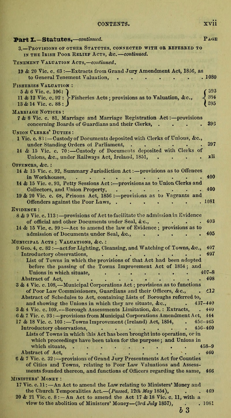 Part I.—Statutes,—continued. Page 3.—Provisions op other Statutes, connected with oe eefeeeed to in the Irish Poor Relief Acts, &c.—continued. Tenement Valuation Acts,—continued. 19 & 20 Vic. c. 63 :—Extracts from Grand Jury Amendment Act, 1856, as to General Tenement Valuation, ...... .1080 Fisheries Valuation : 5&6 Vic. c. 106:'l ( 393 11 & 12 Vic. c. 92 : ^Fisheries Acts ; provisions as to Valuation, <fcc., -< 394 13 & 14 Vic. c. 88 : J ( 395 Marriage Notices : 7 & 8 Vic. c. 81, Marriage and Marriage Registration Act:—provisions concerning Boards of Guardians and their Clerks, . . . .395 Union Clerks’ Duties : 1 Vic. c. 83:—Custody of Documents deposited with Clerks of Unions, &c., under Standing Orders ol Parliament, ...... 397 14 & 15 Vic. c. 70:—Custody of Documents deposited with Clerks of Unions, &c., under Railways Act, Ireland, 1851, . . . . xli Offences, &c. : 14 & 15 Vic. c. 92, Summary Jurisdiction Act:—provisions as to Offences in Workhouses, 400 14 & 15 Vic. c. 93, Petty Sessions Act:—provisions as to Union Clerks and Collectors, and Union Property, ....... 400 19 & 20 Vic. c. 68, Prisons Act, 1856 :—provisions as to Vagrants and Offenders against the Poor Laws, ....... 1081 Evidence : 8 & 9 Vic. c. 113:—provisions of Act to facilitate the admission in Evidence of official and other Documents under Seal, Ac., .... 403 14 As 15 Vic. c. 99 :—Act to amend the law of Evidence ; provisions as to admission of Documents under Seal, &c., 405 Municipal Acts ; Valuations, &c. : 9 Geo. 4, c. 82 :—act for Lighting, Cleansing, and Watching of Towns, &c., 407 Introductory observations, ........ 407 List of Towns in which the provisions of that Act had been adopted before the passing of the Towns Improvement Act of 1854; and Unions in which situate, ....... 407-8 Abstract of Act, . . . 408 3 & 4 Vic. c. 108,—Municipal Corporations Act; provisions as to functions of Poor Law Commissioners, Guardians and their Officers, &c., . 412 Abstract of Schedules to Act, containing Lists of Boroughs referred to, and showing the Unions in which they are situate, <bc., . 437-440 3 As 4 Vic. c. 109.—Borough Assessments Limitation, &c.: Extracts, . 440 6 & 7 Vic. c. 93:—provisions from Municipal Corporations Amendment Act, 444 17 & 18 Vic. c. 103 :—Towns Improvement (Ireland) Act, 1854, . 456-465 Introductory observations, ....... 456-460 Lists of Towns in which this Act has been brought into operation, or in which proceedings have been taken for the purpose; and Unions in which situate, ......... 458-9 Abstract of Act, .......... 460 6 & 7 Vic. c. 32:—provisions of Grand Jury Presentments Act for Counties of Cities and Towns, relating to Poor Law Valuations and Assess- ments founded thereon, and functions of Officers regarding the same, 466 Ministers’ Monet : 17 Vic. c. 11:—An Act to amend the Law relating to Ministers’ Money and the Church Temporalities Act.—(Passed, 12th May 1854), . . 469 20 & 21 Vic. c. 8 : — An Act to amend the Act 17 & 18 Vic. c. 11, with a view to the abolition of Ministers’ Money—(3rd July 1857), . . 1081
