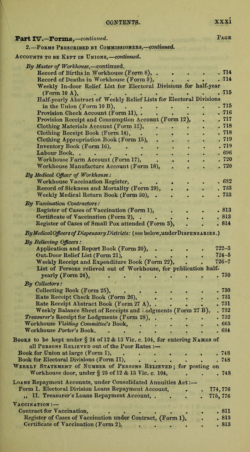 Part IV.—Forms,—continued. Page 2.—Forms Prescribed by Commissioners,—continued. Accounts to be Kept in Unions,—continued. By Master of Workhouse,—continued. Record of Births in Workhouse (Form 8), ..... 714 Record of Deaths in Workhouse (Form 9), .... 714 Weekly In-door Relief List for Electoral Divisions for half-year (Form 10 A), 715 Half-yearly Abstract of Weekly Relief Lists for Electoral Divisions in the Union (Form 10 B), ....... 715 Provision Check Account (Form 11), ...... 716 Provision Receipt and Consumption Account (Form 12), . . 717 Clothing Materials Account (Form 13), ..... 718 Clothing Receipt Book (Form 14), . . . . . 718 Clothing Appropriation Book (Form 15), ..... 719 Inventory Book (Form 16), 719 Labour Book, .......... 696 Workhouse Farm Account (Form 17), . . Workhouse Manufacture Account (Form 18), . . By Medical Officer of Workhouse: Workhouse Vaccination Register, .... Record of Sickness and Mortality (Form 29), . Weekly Medical Return Book (Form 30), . . By Vaccination Contractors: Register of Cases of Vaccination (Form 1), Certificate of Vaccination (Form 2), .... Register of Cases of Small Pox attended (Form 3), ByMedicalOfficers of Dispensary Districts: (see below,underDispENSARiES.) . 720 . 720 . 682 . 733 . 733 . 813 . 813 . 814 By Relieving Officers: Application and Report Book (Form 20), .... 722-3 Out-Door Relief List (Form 21), ..... 724-5 Weekly Receipt and Expenditure Book (Form 22), . . 726-7 List of Persons relieved out of Workhouse, for publication half- yearly (Form 24), ........ 730 By Collectors: Collecting Book (Form 25), ....... 730 Rate Receipt Check Book (Form 26), ..... 731 Rate Receipt Abstract Book (Form 27 A), ..... 731 Weekly Balance Sheet of Receipts and Lodgments (Form 27 B), . 732 Treasurer's Receipt for Lodgments (Form 28), ..... 732 Workhouse Visiting Committee's Book, ...... 665 Workhouse Porter’s Book. ........ 684 Books to be kept under § 24 of 12 &, 13 Vic. c. 104, for entering Names of all Persons Relieved out of the Poor Rates :— Book for Union at large (Form I), ...... 748 Book for Electoral Divisions (Form II), 748 Weekly Statement of Number of Persons Relieved; for posting on Workhouse door, under § 25 of 12 & 13 Vic. c. 104, . . . 748 Loans Repayment Accounts, under Consolidated Annuities Act:— Form I. Electoral Division Loans Repayment Account, . . 774,776 „ II. Treasurer’s Loans Repayment Account, .... 775, 776 Vaccination :— Contract for Vaccination, ........ 811 Register of Cases of Vaccination under Contract, (Form 1), . .813 Certificate of Vaccination (Form 2), ...... 813