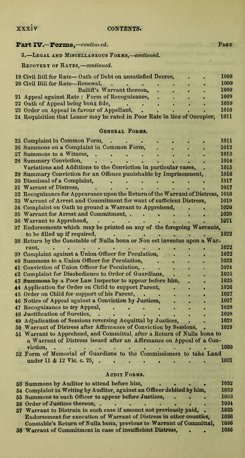 Part IV.—Forms,—continued. Page 3.—Legal and Miscellaneous Forms,—continued. Recovery of Rates,—continued. 19 Civil Bill for Rate— Oath of Debt on unsatisfied Decree, . . 1008 20 Civil Bill for Rate—Renewal, ....... 1009 Bailiff’s Warrant thereon, .... 1009 21 Appeal against Rate : Form of Recognizance, .... 1009 22 Oath of Appeal being bona fide, ...... 1010 23 Order on Appeal in favour of Appellant, ..... 1010 21 Requisition that Lessor may be rated in Poor Rate in lieu of Occupier, 1011 General Forms. 25 Complaint in Common Form, 26 Summons on a Complaint in Common Form, 27 Summons to a Witness, 28 Summary Conviction, ....... Variations and Additions to the Conviction in particular cases, 29 Summary Conviction for an Offence punishable by Imprisonment, 30 Dismissal of a Complaint, ...... 31 Warrant of Distress, ....... 1011 1012 1013 1011 1015 1016 1017 1017 32 Recognizance for Appearance upon the Return of the Warrant of Distress, 1018 33 Warrant of Arrest and Commitment for want of sufficient Distress, 1019 31 Complaint on Oath to ground a Warrant to Apprehend, . . 1020 35 Warrant for Arrest and Commitment, ...... 1020 36 Warrant to Apprehend, . . ...... 1021 37 Endorsements which may be printed on any of the foregoing Warrants, to be filled up if required, 1022 38 Return by the Constable of Nulla bona or Non est inventus upon a War- rant, ........... 1022 39 Complaint against a Union Officer for Peculation, . . . 1022 10 Summons to a Union Officer for Peculation, .... 1023 11 Conviction of Union Officer for Peculation, ..... 1021 42 Complaint for Disobedience to Order of Guardians, . . . 1025 43 Summons by a Poor Law Inspector to appear before him, . . 1025 41 Application for Order on Child to support Parent, . . . 1026 45 Order on Child for support of his Parent, ..... 1027 16 Notice of Appeal against a Conviction by Justices, . _ . 1027 47 Recognizance to try Appeal, ....... 1028 18 Justification of Sureties, . 1028 49 Adjudication of Sessions reversing Acquittal by Justices, . . 1029 50 Warrant of Distress after Affirmance of Conviction by Sessions, . 1029 51 Warrant to Apprehend, and Committal, after a Return of Nulla bona to a Warrant of Distress issued after an Affirmance on Appeal of a Con- viction, ........... 1030 52 Form of Memorial of Guardians to the Commissioners to take Land under 11 & 12 Vic. c. 25 1031 Audit Forms. 53 Summons by Auditor to attend before bim, .... 1032 54 Complaint in Writing by Auditor, against an Officer debited by him, 1032 55 Summons to such Officer to appear before Justices, . . . 1033 56 Order of Justices thereon, ........ 1031 57 Warrant to Distrain in such case if amount not previously paid, . 1035 Endorsement for execution of Warrant of Distress in other counties, 1036 Constable’s Return of Nulla bona, previous to Warrant of Committal, 1036 58 Warrant of Commitment in case of insufficient Distress, . , 1036