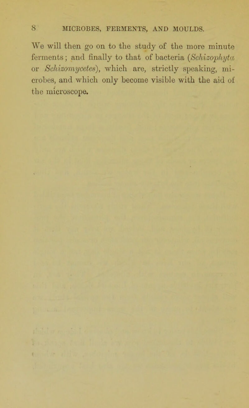 We will then go on to the study of the more minute ferments; and finally to that of bacteria (Schizophyta or Schizomycetes), which are, strictly speaking, mi- crobes, and which only become visible with the aid of the microscope. (