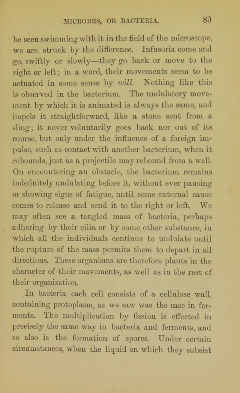 be seen swimming with it in the field of the microscope, we are struck by the difference. Infusoria come and go, swiftly or slowly—they go back or move to the right or left; in a word, their movements seem to be actuated in some sense by will. Nothing like this is observed in the bacterium. The undulatory move- ment by which it is animated is always the same, and impels it straightforward, like a stone sent from a sling; it never voluntarily goes back nor out of its course, but only under the influence of a foreign im- pulse, such as contact with another bacterium, when it rebounds, just as a projectile may rebound from a wall. On encountering an obstacle, the bacterium remains indefinitely undulating before it, without ever pausing or showing signs of fatigue, until some external cause comes to release and send it to the right or left. We may often see a tangled mass of bacteria, perhaps adhering by their cilia or by some other substance, in which all the individuals continue to undulate until the rupture of the mass permits them to depart in all directions. These oi’ganisms are therefore plants in the character of their movements, as well as in the rest of their organization. In bacteria each cell consists of a cellulose wall, containing protoplasm, as we saw was the case in fer- ments. The multiplication by fission is effected in precisely the same way in bacteria and ferments, and so also is the formation of spores. Under certain circumstances, when the liquid on which they subsist