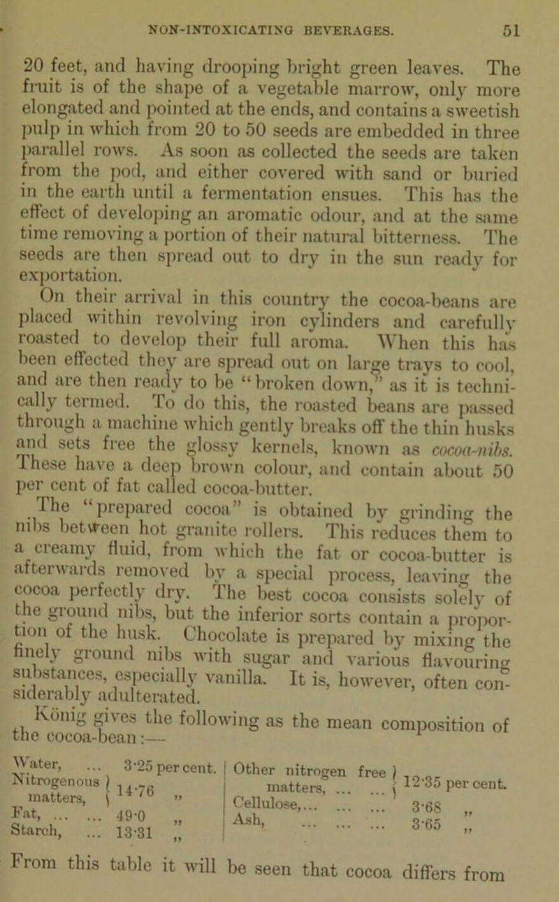 20 feet, and having drooping bright green leaves. The fruit is of the shape of a vegetable marrow, only more elongated and pointed at the ends, and contains a sweetish pulp in which from 20 to 50 seeds are embedded in three parallel rows. As soon as collected the seeds are taken from the pod, and either covered with sand or buried in the earth until a fermentation ensues. This has the effect of developing an aromatic odour, and at the same time removing a portion of their natural bitterness. The seeds are then spread out to dry in the sun ready for exportation. On their arrival in this country the cocoa-beans are placed within revolving iron cylinders and carefully roasted to develop their full aroma. When this has been effected they are spread out on large trays to cool, and are then ready to be “broken down,” as it is techni- cally termed. To do this, the roasted beans are passed through a machine which gently breaks off the thin husks and sets free the glossy kernels, known as cocoa-nibs. These have a deep brown colour, and contain about 50 per cent of fat called cocoa-butter. The “prepared cocoa” is obtained by grinding the mbs between hot granite rollers. This reduces them to a creamy fluid, from which the fat or cocoa-butter is afterwards removed by a special process, leaving the cocoa perfectly dry. The best cocoa consists solely of . Sl’ound nibs, but the inferior sorts contain a propor- tion of the husk. Chocolate is prepared by mixing the hneJy ground nibs with sugar and various flavouring substances, especially vanilla. It is, however, often con siderably adulterated. Konig gives the following as the mean composition of the cocoa-bean:— W ater, ... 3'25 per cent. Nitrogenous ) , . matters, \ 14''6 » Fat, 49-0 „ Starch, ... 13-31 Other nitrogen free ) matters, ( Cellulose, Ash, 1235 percent. 3-68 „ 365 „ Irom this table it will be seen that cocoa differs from