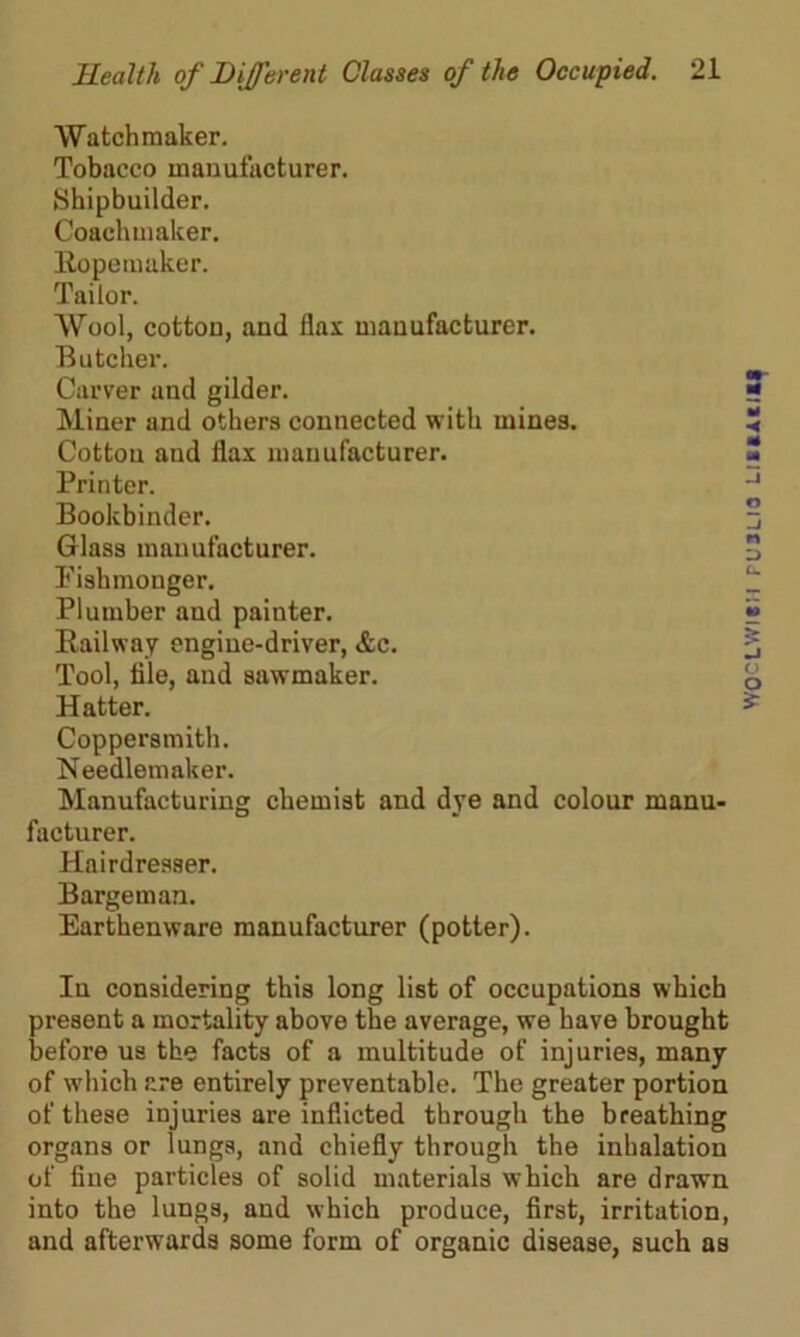 Watchmaker. Tobacco manufacturer. Shipbuilder. Coachmaker. Bopemaker. Tailor. Wool, cotton, and flax manufacturer. Butcher. Carver and gilder. Miner and others connected with mines. Cotton and flax manufacturer. Printer. Bookbinder. Glass manufacturer. Fishmonger. Plumber and painter. Railway engine-driver, &c. Tool, file, and sawmaker. Hatter. Coppersmith. Needlemaker. Manufacturing chemist and dye and colour manu- facturer. Hairdresser. Bargeman. Earthenware manufacturer (potter). In considering this long list of occupations which present a mortality above the average, we have brought before us the facts of a multitude of injuries, many of which are entirely preventable. The greater portion of these injuries are inflicted through the breathing organs or lungs, and chiefly through the inhalation of fine particles of solid materials which are drawn into the lungs, and which produce, first, irritation, and afterwards some form of organic disease, such as WOCLWIBH FU3LI0 LICCACIII