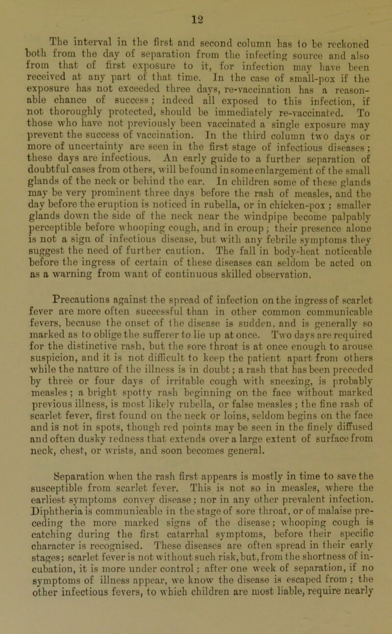 The interval in the first and second column has to be reckoned both from the day of separation from the infecting source and also from that of first exposure to it, for infection may have been received at any part of that time. In the case of small-pox if the exposure has not exceeded three days, re-vaccination has a reason- able chance of success; indeed all exposed to this infection, if not thoroughly protected, should be immediately re-vaccinated. To those who have not previously been vaccinated a single exposure may prevent the success of vaccination. In the third column two days or more of uncertainty are seen in the first stage of infectious diseases ; these days are infectious. An early guide to a further separation of doubtful cases from others, will be found in some enlargement of the small glands of the neck or behind the ear. In children some of these glands may be very prominent three days before the rash of measles, and the day before the eruption is noticed in rubella, or in chicken-pox ; smaller glands down the side of the neck near the windpipe become palpably perceptible before whooping cough, and in croup ; their presence alone is not a sign of infectious disease, but with any febrile symptoms they suggest the need of further caution. The fall in body-heat noticeable before the ingress of certain of these diseases can seldom be acted on as a warning from want of continuous skilled observation. Precautions against the spread of infection on the ingress of scarlet fever are more often successful than in other common communicable fevers, because the onset of the disease is sudden, and is generally so marked as to oblige the sufferer to lie up at once. Two days are required for the distinctive rash, but the sore throat is at once enough to arouse suspicion, and it is not difficult to keep the patient apart from others while the nature of the illness is in doubt; a rash that has been preceded by three or four days of irritable cough with sneezing, is probably measles; a bright spotty rash beginning on the face without marked previous illness, is most likely rubella, or false measles ; the fine rash of scarlet fever, first found on the neck or loins, seldom begins on the face and is not in spots, though red points may be seen in the finely diffused and often dusky redness that extends over a large extent of surface from neck, chest, or wrists, and soon becomes general. {Separation when the rash first appears is mostly in time to save the susceptible from scarlet fever. This is not so in measles, where the earliest symptoms convey disease; nor in any other prevalent infection. Diphtheria is communicable in the stage of sore throat, or of malaise pre- ceding the more marked signs of the disease; whooping cough is catching during the first catarrhal symptoms, before their specific character is recognised. These diseases are often spread in their early stages; scarlet fever is not without such risk,but,from the shortness of in- cubation, it is more under control; after one week of separation, if no symptoms of illness appear, we know the disease is escaped from ; the other infectious fevers, to which children are most liable, require nearly