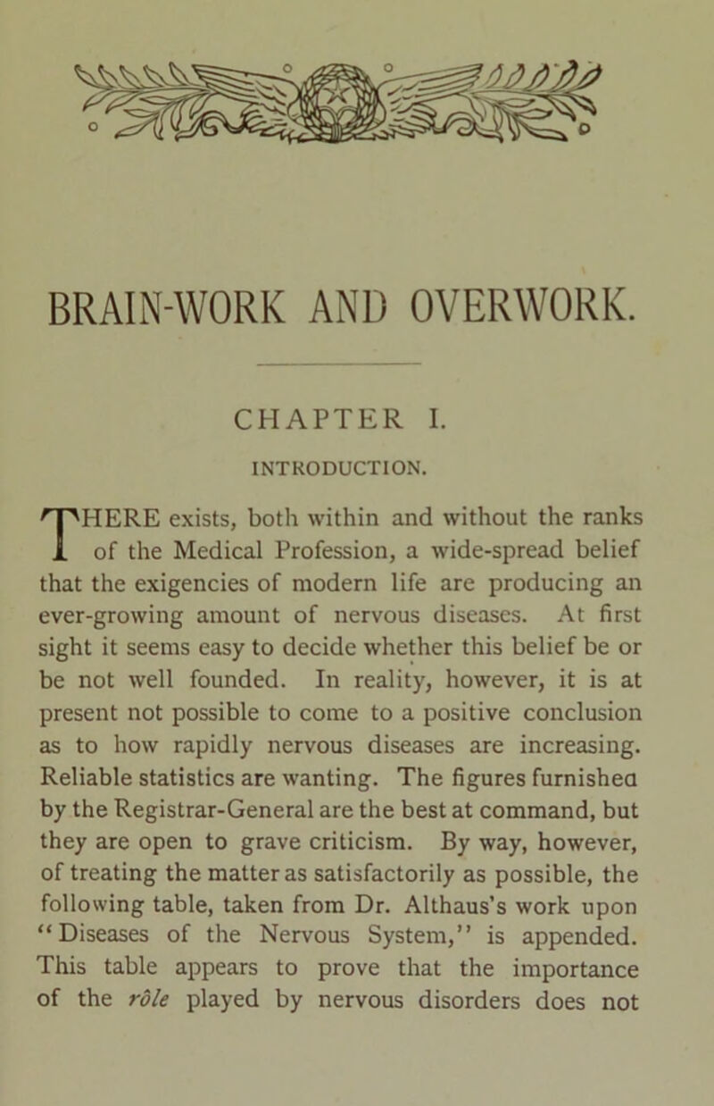 BRAIN-WORK AND OVERWORK. CHAPTER I. INTRODUCTION. THERE exists, both within and without the ranks of the Medical Profession, a wide-spread belief that the exigencies of modern life are producing an ever-growing amount of nervous diseases. At first sight it seems easy to decide whether this belief be or be not well founded. In reality, however, it is at present not possible to come to a positive conclusion as to how rapidly nervous diseases are increasing. Reliable statistics are wanting. The figures furnished by the Registrar-General are the best at command, but they are open to grave criticism. By way, however, of treating the matter as satisfactorily as possible, the following table, taken from Dr. Althaus’s work upon “Diseases of the Nervous System,” is appended. This table appears to prove that the importance of the role played by nervous disorders does not