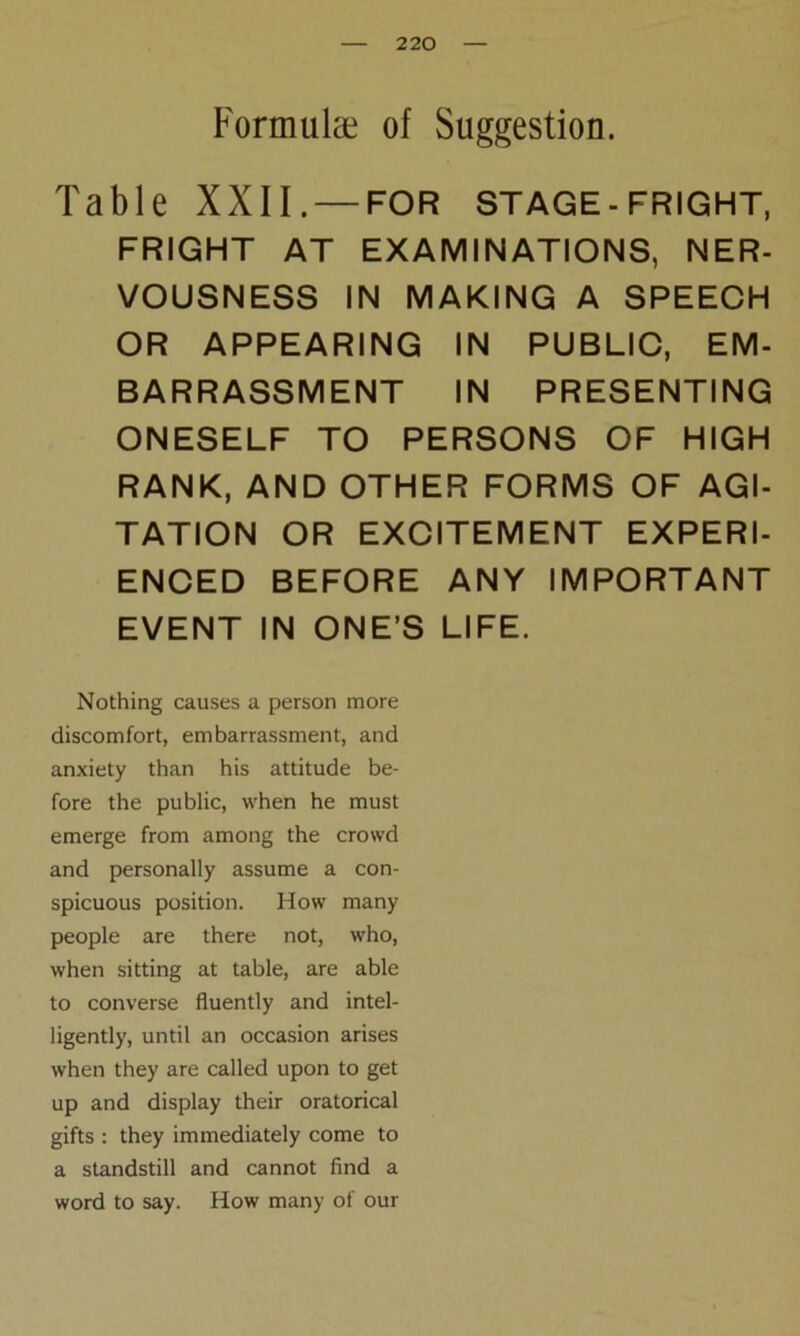 Formula of Suggestion. Table XXII. — for stage-fright, FRIGHT AT EXAMINATIONS, NER- VOUSNESS IN MAKING A SPEECH OR APPEARING IN PUBLIC, EM- BARRASSMENT IN PRESENTING ONESELF TO PERSONS OF HIGH RANK, AND OTHER FORMS OF AGI- TATION OR EXCITEMENT EXPERI- ENCED BEFORE ANY IMPORTANT EVENT IN ONE’S LIFE. Nothing causes a person more discomfort, embarrassment, and anxiety than his attitude be- fore the public, when he must emerge from among the crowd and personally assume a con- spicuous position. How many people are there not, who, when sitting at table, are able to converse fluently and intel- ligently, until an occasion arises when they are called upon to get up and display their oratorical gifts : they immediately come to a standstill and cannot find a word to say. How many of our