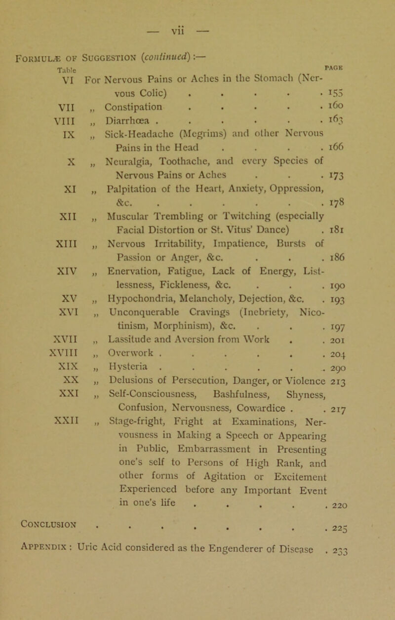 Vll Formulae of Suggestion (continued) Table PAGE For Nervous Pains or Aches in the Stomach (Ner- vous Colic) ..... 155 „ Constipation ..... 160 „ Diarrhoea ...... 163 „ Sick-Headache (Megrims) and other Nervous Pains in the Head .... 166 „ Neuralgia, Toothache, and every Species of Nervous Pains or Aches . . . 173 „ Palpitation of the Heart, Anxiety, Oppression, &c. . . . . . .178 „ Muscular Trembling or Twitching (especially Facial Distortion or St. Vitus’ Dance) . 181 „ Nervous Irritability, Impatience, Bursts of Passion or Anger, &c. . . .186 „ Enervation, Fatigue, Lack of Energy, List- lessness, Fickleness, &c. . . . 190 „ Hypochondria, Melancholy, Dejection, &c. . 193 Unconquerable Cravings (Inebriety, Nico- tinism, Morphinism), &c. Lassitude and Aversion from Work Overwork .... Hysteria .... Delusions of Persecution, Danger, or \ Self-Consciousness, Bashfulness, VI VII VIII IX X XI XII XIII XIV XV XVI XVII XVIII XIX XX XXI • 197 . 201 . 204 . 290 iolcnce 213 Shyness, Confusion, Nervousness, Cowardice . XXII „ Stnge-fright, Fright at Examinations, Ner- vousness in Making a Speech or Appearing in Public, Embarrassment in Presenting one’s self to Persons of High Rank, and other forms of Agitation or Excitement Experienced before any Important Event in one’s life 217 220 Conclusion 22= Appendix : Uric Acid considered as the Engenderer of Disease . 233