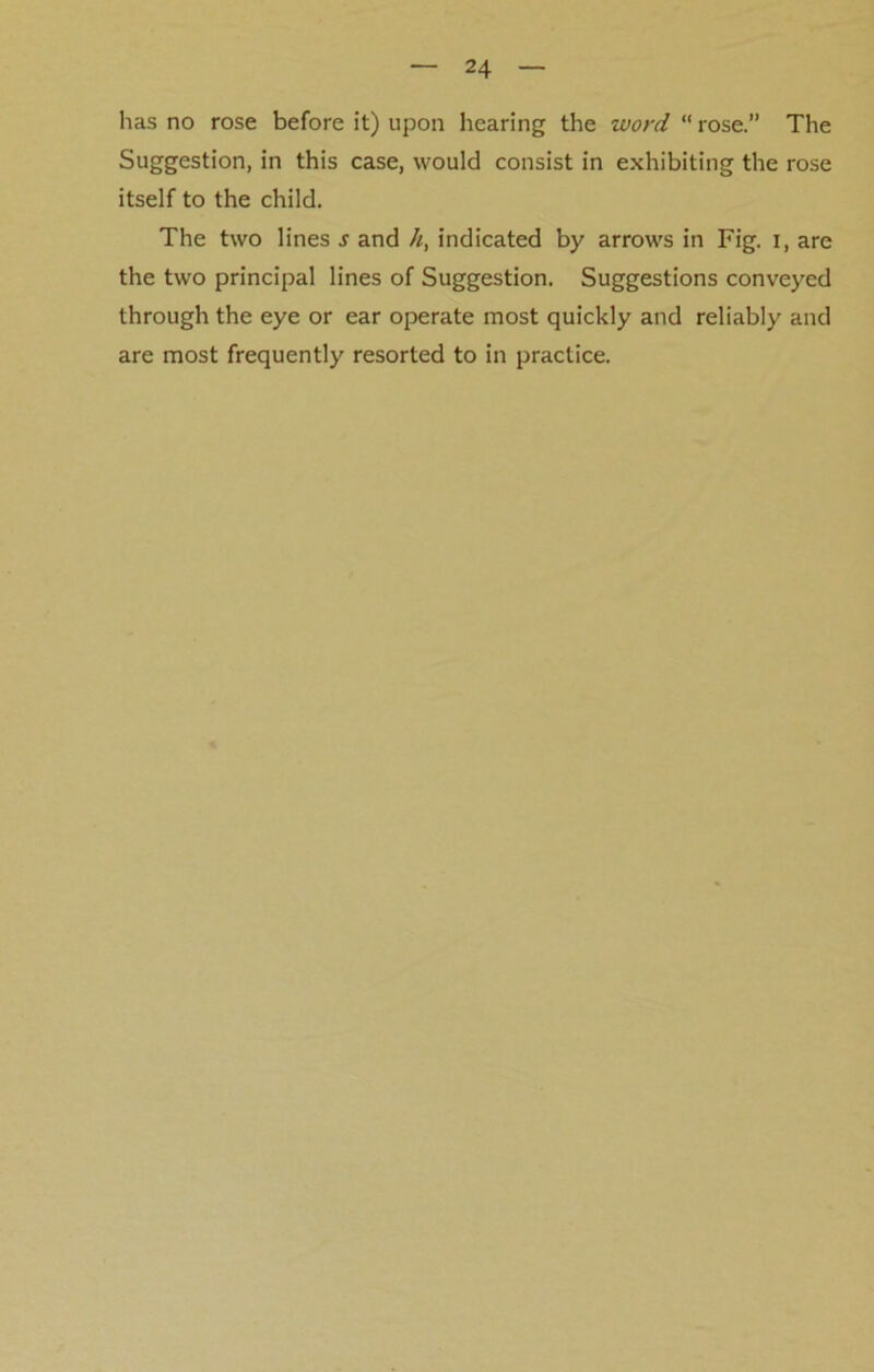 has no rose before it) upon hearing the word “ rose.” The Suggestion, in this case, would consist in exhibiting the rose itself to the child. The two lines s and h, indicated by arrows in Fig. I, are the two principal lines of Suggestion. Suggestions conveyed through the eye or ear operate most quickly and reliably and are most frequently resorted to in practice.