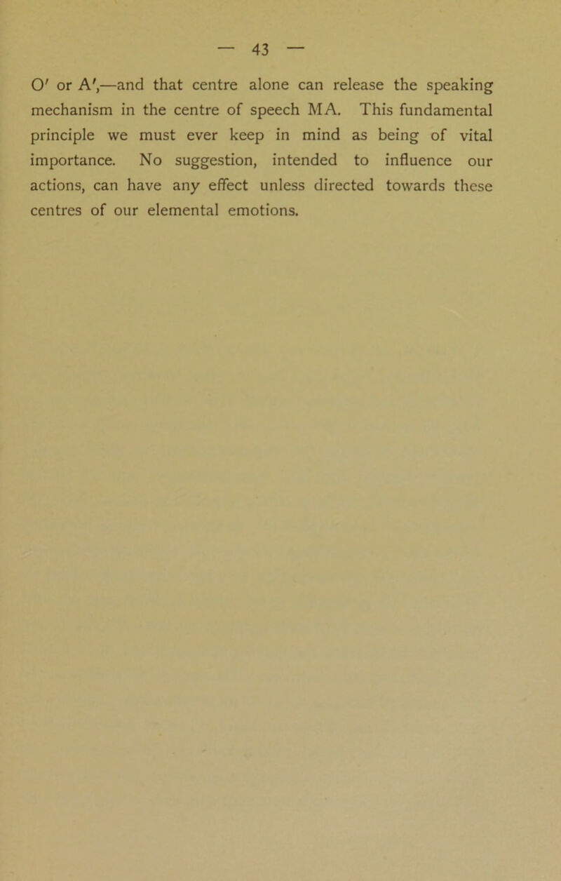 O' or A',—and that centre alone can release the speaking mechanism in the centre of speech MA. This fundamental principle we must ever keep in mind as being of vital importance. No suggestion, intended to influence our actions, can have any effect unless directed towards these centres of our elemental emotions.