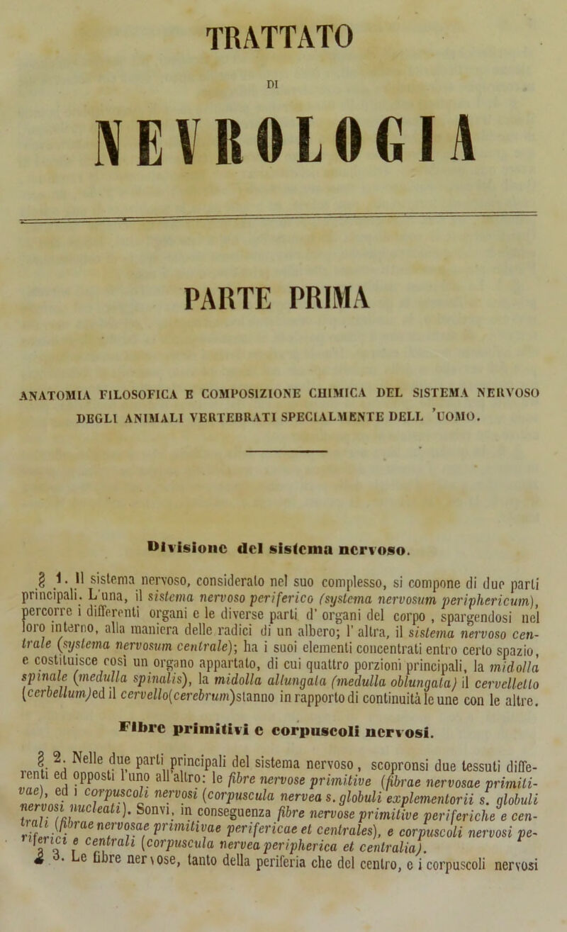 DI V E \ li 01.0 <; 14 PARTE PRIMA ANATOMIA FILOSOFICA E COMPOSIZIONE CUIMICA DEL SISTEMA NERVOSO DEGLI ANIMALI VERTEBRATI SPECIALMENTE DELL 'UOMO. Divisione tic! sistema nervoso. § 1. Il sistema nervoso, consideralo nel suo complesso, si compone di due parli principali. L una, il sistema nervoso periferico (syslema nervosum periplierieum), percorre i differenti organi e le diverse parli d’ organi del corpo , spargendosi nel loro interno, alla maniera delle radici di un albero; l’altra, il sistema nervoso cen- trale [syslema nervosum centrale)-, ha i suoi elementi concentrati entro certo spazio, c costituisce così un organo appartato, di cui quattro porzioni principali, la midolla spinale (meditila spinalis), la midolla allungala (medulla oblungata) il cervelletto [cerbellumjea il cervello(cerebrum)stanno in rapporto di continuità le une con le altre. Fibre primitivi c corpuscoli nervosi. ^elle ,(?u® Partiprincipali del sistema nervoso , scopronsi due tessuti diffe- renti ed opposti 1 uno all altro: le fibre nei-vose primitive (fibrae nervosae primili- nennti !Jn7Pr\C0ll (corl,uscula nervea s. globuli explementorii s. globuli lucleatl)' Sonvi: m conseguenza fibre nervose primitive periferiche e ccn- rìfllìJiirae nervo$af primitivae perifericae et cenlrales), e corpuscoli nervosi pe- njenct e centrali (corpuscula nervea peripherica et centralia). * • e libre nenose, tanto della periferia che del centro, c i corpuscoli nervosi