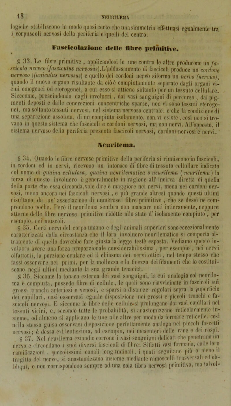 jfr.tmiT.KM4 logirlip stabiliscono in modo quasi certo dm unasimmetria cfTetfuasi egualmente tra i corpuscoli nervosi della periferia c quelli del centro. Fntwh'Oluzionc delie fibre primitive. • § 33. Lo fibre primitivo , applicandosi le uno contro le altre producono un fa- scicolo nerveo (fasciculus nerwosus). L addossamento di fascicoli produce un cordone nervoso (funiculm nervosus) c quello dei cordoni nervo siforma un ncivo (nervosi, quando ii nuovo organo risultante ila ciòf; compiutamente separalo dagli organi vi- cini omogenei od elorogenei, a cui esso si attiene soltanto per un tessuto cellulare. Sicccoine, prescindendo dagli involucri . dai vasi sanguigni di percorso , dai pig- menti dopasti e dalle concrezioni concentriche sparse, non vi sono tessuti eteroge- nei, ma soltanto tessuti nervosi, nel sistema nervoso centrale, celie la condizione di una separazione assoluta, di un compiuto isolamento, non vi esiste . cosi non si tro- vano m questo sistema clic fascicoli c cordoni nervosi, ma non nervi. All'opposto, il sistema nervoso della periferia presenta fascicoli nervosi, cordoni nervosi c nervi. rtcurilcma. § 34. Quando le fibre nervose primitive della periferia si riuniscono in fascicoli, in cordoni ed in nervi, ricevono un intonaco di libre di tessuto cellullare indicato col nome di guaina cellulosa, guaina neurilematica o neuritema ( neurilcma) la forza di questo involucro è generalmente in ragione all’ incirca diretta di quella della parte elle essa circonda,vale dire è maggiore nei nervi, meno nei cordoni ner- vosi, meno ancora nei fascicoli nervosi , e più grande altresì quando questi ultimi risultano da un' associazione di numerose fibre primitive , che se dessi ne com- prendono poche. Però il neurilcma sembra non mancare mai intieramente, neppure attorno delle libre nervose primitive ridotte allo sialo d’isolamento compililo , per esempio, neimuscoli. § 35. Certi nervi del corpo umano e degli animali superiori sono eccezionalmente caratterizzali dalla circostanza clic il loro involucro neurilematico si comporla al- tramente di quello dovrebbe fare giusta la legge testò esposta. Vediamo questo in- volucro avere una forza proporzionale considerabilissima , per esempio , nei nervi olfattorii, la porzione oculare ed il chiasma dei nervi unici , nel tempo stesso che lassi osservare nei primi, per la mollezza e la finezza dei filamenti clic lo costitui- scono negli ultimi mediante la sua grande tenacità. § 30. Siccome la tonaca esterna dei vasi sanguigni, la cui analogia col neurilc- ma è compiuta, possedè fibre di cellule, le quali sono ravvicinalo in fascicoli sui grossi tronchi arteriosi e venosi, e sparsi a distanze regolari sopra la superficie dei capillari, cosi osservasi eguale disposizione nei grossi e piccoli tronchi e fa- scicoli nervosi. E siccome le libre delle cellulosi prolungano dai vasi capillari nei tessuti vicini, e, secóndo tutte le probabilità, si anaslomizzano reticolarmente in- sieme, od almeno si applicano le uno alle altre per modo da formare reticelle, cosi m Ila stessa guisa osservasi disposizione perfettamente analoga nei piccoli fuscelli nervosi; ò desso O'i lentissima, ad esempio, nei mesenteri delle rane c dei rospi. $5 37. Nel riruùiema eziandio corrono i .vasi sanguigni delicati che penetrano un nervo e circondano i suoi diversi fascicoli di libre. Siffatti vasi formano, colle loro ramificazioni , piccolissimi canali longitudinali, i quali seguitano più o meno il tragitto del nervo, si anaslomizzano insieme mediante ramoscelli trasversali ed ob- Idiqui, e non corrispondono sempre ad una sola fibra nervosa primitiva, ma tal voi-