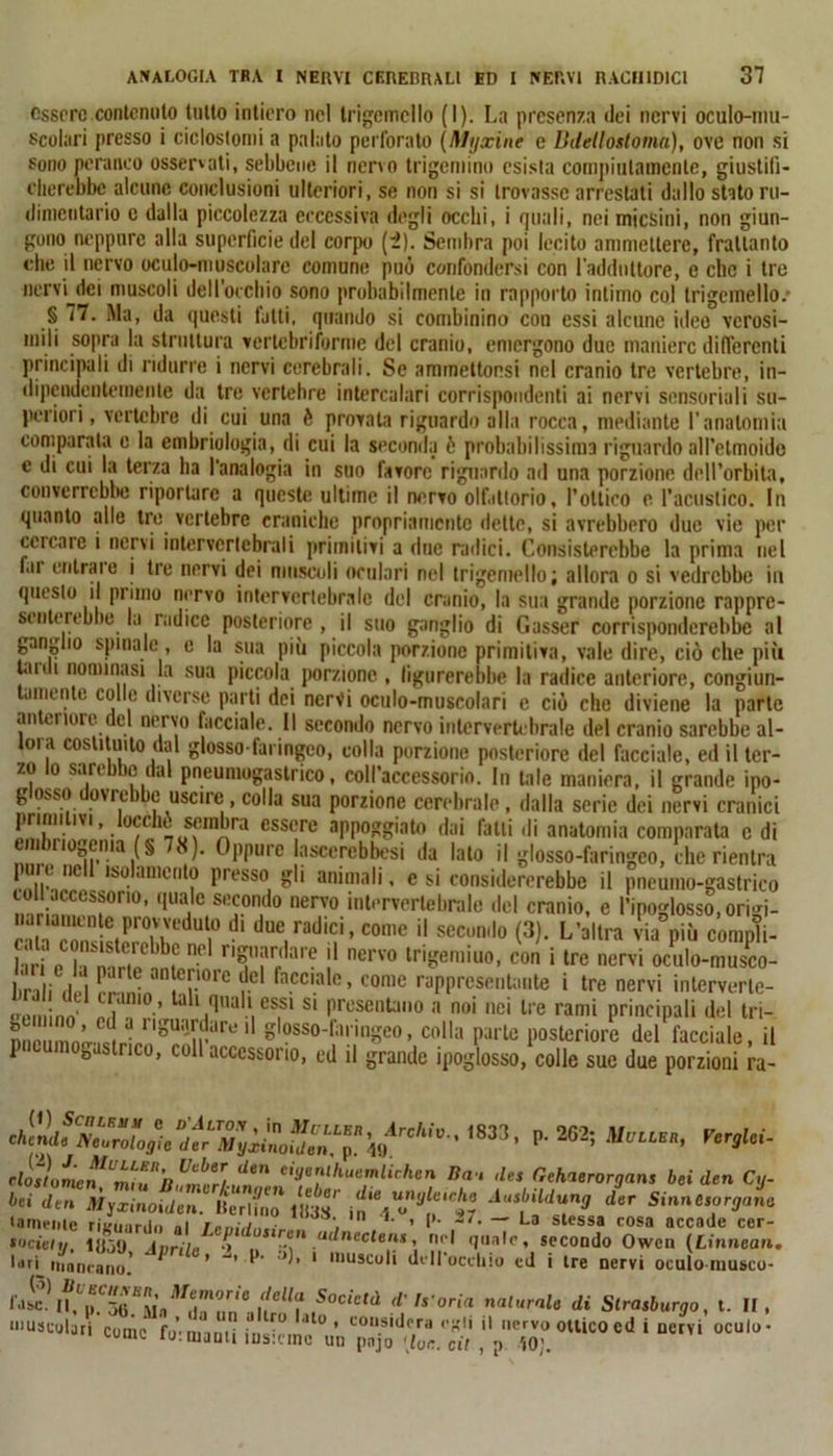 essere contenuto tutto intiero nel trigemcllo (I). La presenza dei nervi oculo-mu- scolari presso i ciclostomi a palato perforato (Myxine e Udellostoma), ove non si sono pcranco osservati, sebbene il nervo trigemino esista compiutamente, giustifi- cherebbe alcune conclusioni ulteriori, se non si si trovasse arrestati dallo stato ru- dimcntario c dalla piccolezza eccessiva degli occhi, i quali, nei micsini, non giun- gono neppure alla superfìcie del corpo (2). Sembra poi lecito ammettere, frattanto che il nervo oculo-muscolarc comune può confóndersi con l'adduttore, e che i tre nervi dei muscoli dell’occhio sono probabilmente in rapporto intimo col trigemello/ § 77. Ma, da questi tutti, quando si combinino con essi alcune ideo verosi- mili sopra la struttura vertebriforme del cranio, emergono due maniere differenti principali di ridurre i nervi cerebrali. Se ammettonsi nel cranio tre vertebre, in- dipendentemente da tre vertebre intercalari corrispondenti ai nervi sensoriali su- periori, vertebre di cui una è provata riguardo alla rocca, mediante l’anatomia comparala e la embriologia, di cui la seconda è probabilissima riguardo all’etmoide c di cui la terza ha l'analogia in suo favore riguardo ad una porzione dell’orbita, converrebbe riportare a queste ultime il nervo olfattorio, l’ottico e l’acustico. In quanto alle tre vertebre craniche propriamente dette, si avrebbero due vie per cercare i nervi intervertebrali primitivi a due radici. Consisterebbe la prima nel fai entrare i tre nervi dei muscoli oculari nel trigemello; allora o si vedrebbe iu questo il primo nervo intervertebrale del cranio, la sua grande porzione rappre- senterebbe la radice posteriore, il suo ganglio di Gasser corrisponderebbe al ganglio spinale, e la sua più piccola porzione primitiva, vale dire, ciò che più laidi nominasi la sua piccola porzione , figurerebbe la radice anteriore, congiun- tamente colle diverse parti dei nervi oculo-muscolari e ciò che diviene la parte an cuore del nervo tacciale. Il secondo nervo intervertebrale del cranio sarebbe al- lora costituito dal glosso faringeo, colla porzione posteriore del facciale, ed il ter- zo lo sarebbe dal pneumogastrico, coll’accessorio. In tale maniera, il grande ipo- g osso ovre die uscire, colla sua porzione cerebrale, dalla serie dei nervi cranici pium ivi, ocello sembra essere appoggiato dai falli di anatomia comparata c di ii nogema (§ 8). Oppure iascerebbesi da lato il glosso-faringeo, che rientra 1 iKnC ISo anient? Presso, 51' animali, e si considererebbe il pneumo-gastrico tuli accessorio, quale secondo nervo intervertebrale del cranio, e l’ipoglosso, origi- nariamente provveduto di due radici, come il secondo (3). L’altra via più compli- nd riguardare il nervo trigemino, con i tre nervi oculo-musco- linli d l E “tenore del facciale, come rappresentante i tre nervi interverle- ! nnU ^Jni0’ lah fìnali essi si presentano a noi nei tre rami principali del tri- Lcmno^rlr.guardaiv il glosso-faringeo, colla parte posteriore del facciale, il P nogdstnco, coll accessorio, ed il grande ipoglosso, colle sue due porzioni ra- dolmen1'rnSuB m!r/ ^ 'les Gehaerorgans bei den Cy- hddtn AfyxinoUcn. Bcrlhm 11m jjY^'^7 der Siane,ergane •amelile rivuurdo ni , , ’ 1 ,“7‘ ~ La slessa cosa accade cer- tocieiy, 1JJ59 Avrilr ■> aclnccCe“*, nel quale, secondo Owcn (Linnean. lati mancano’ ^ a ’ 1 luscoli dell'occhio cd i ire nervi oculomusco- lai.1 lf,\^C^;iìM\jVe.mQrie Socictà d'b oria naturale di Strasburgo, l. Il, muscolari cumc fu’: «2 iSmcVn p^o/S ^ ^ ** 1 Mrvl ^