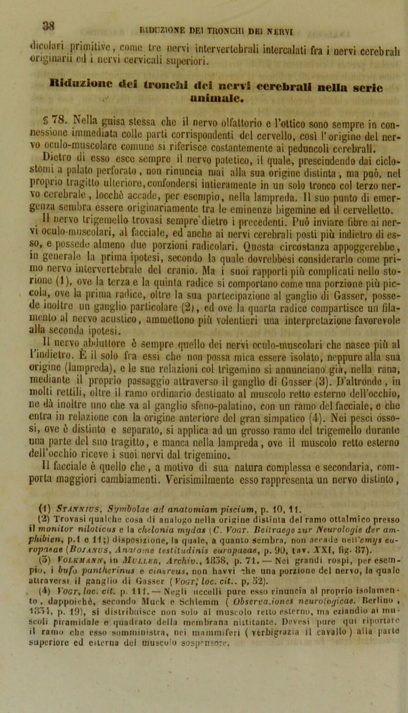 RIDUZIONE DEI TRONCHI DEI NERVI «liculuri primitive, come tre nervi intervertebrali intercalati fra i nervi cerebrali originari! ed i nervi cervicali superiori. Riduzione del tronchi ilei nervi cerebrali nella serie ìj ultimale. § 18. rvella guisa stessa clic il nervo olfattorio e l’ottico sono sempre in con- nessione immediata colle parti corrispondenti del cervello, così l’origine del ner- vo oculo-muscolarc comune si riferisce costantemente ai peduncoli cerebrali. Iìietio di esso esce sempre il nervo patetico, il quale, prescindendo dai ciclo- stomi a palato perforato, non rinuncia mai alla sua origine distinta , ma può, nel proprio tragitto ulteriore,confondersi intieramente in un solo tronco col terzo ner- vo cerebrale, loccliù accade, per esempio, nella lampreda. Il suo punto di emer- genza sembra essere originariamente tra le eminenze bigemine ed il cervelletto. 11 nervo trigeiuello trovasi sempre dietro i precedenti. Può inviare fibre ai ner- vi oculo-muscolari, al facciale, ed anche ai nervi cerebrali posti più indietro di es- so, e possedè almeno due porzioni radicolari. Questa circostanza appoggerebbe, in generale la prima ipotesi, secondo la quale dovrebbesi considerarlo come pri- mo nervo intervertebrale del cranio. Ma i suoi rapporti più complicali nello sto- rione (1), ove la terza e la quinta radice si comportano come una porzione più pic- cola, ove la prima radice, oltre la sua partecipazione al ganglio di Gasser, posse- dè inoltre un ganglio particolare (2), ed ove la quarta radice compartisce un fila- mento al nervo acustico, ammettono più volentieri una interpretazione favorevole alla seconda ipotesi. r 11 nervo abduttore ò sempre quello dei nervi oculo-muscolari che nasce più al l’indietro. È il solo fra essi che non possa mica essere isolato, neppure alla sua origine (lampreda), c le sue relazioni col trigemino si annunciano già, nella rana, mediante il proprio passaggio attraverso il ganglio di Gasser (3). D’altronde , in molti rettili, oltre il ramo ordinario destinalo al muscolo retto esterno dell’occhio, ne dà inoltre uno che va al ganglio sfeno-palatino, con un ramo del facciale, e che entra in relazione con la origine anteriore del gran simpatico (4). Nei pesci òsso- si, ove ò distinto c separalo, si applica ad un grosso ramo del trigemello durante una parte del suo tragitto, e manca nella lampreda, ove il muscolo retto esterno dell’occhio riceve i suoi nervi dal trigemino. Il facciale è quello che , a motivo di sua natura complessa c secondaria, com- porta maggiori cambiamenti. Verisimilmente esso rappresenta un nervo distinto, (1) Stamnws, Symbolae ad anatomiam piscium, p. IO, 11. (2) Trovasi qualche cosa ili analogo nella origine distinta del ramo ottalmico presso il monitor niloticus e la chelonia mydas (C. l’ocr. Bcitracge zur Neurologie der am- pltibien, p.t e 11;) disposizione, la (piale, a quanto sembra, non accade nell'cmyi eu- ropaeae (Bojamus, Annoine testitudinis europaeae, p. 90, tav. A'Xt, lìg- 87). (3) Volkuann, in iìIuilbb, Archiv., 1838, p. 71. — Nei grandi rospi, per esem- pio, i bufo pantherinus e cinvreus, non havvi che una porzione del nervo, la quale attraversi il ganglio di Gasser [Vogt; toc. cit.. p, 32). (4) Yogt,Ioc. cit. p. 111. — Negli uccelli pure esso rinuncia al proprio isolamen- to, dappoiché, secondo Sluck e Schlemm ( Observa.ioncs ncurologicae. Berlino , 1834, p. 19), si distribuisce non solo al muscolo retto esterno, ma eziandio ai mu- scoli piramidale o quadrato della membrana militante. Dovasi pure qui riportare il ramo che esso somministra, nei mammìferi ( verbigrazia il cavallo) alla pai lo superiore ed esterna del muscolo sospensore.