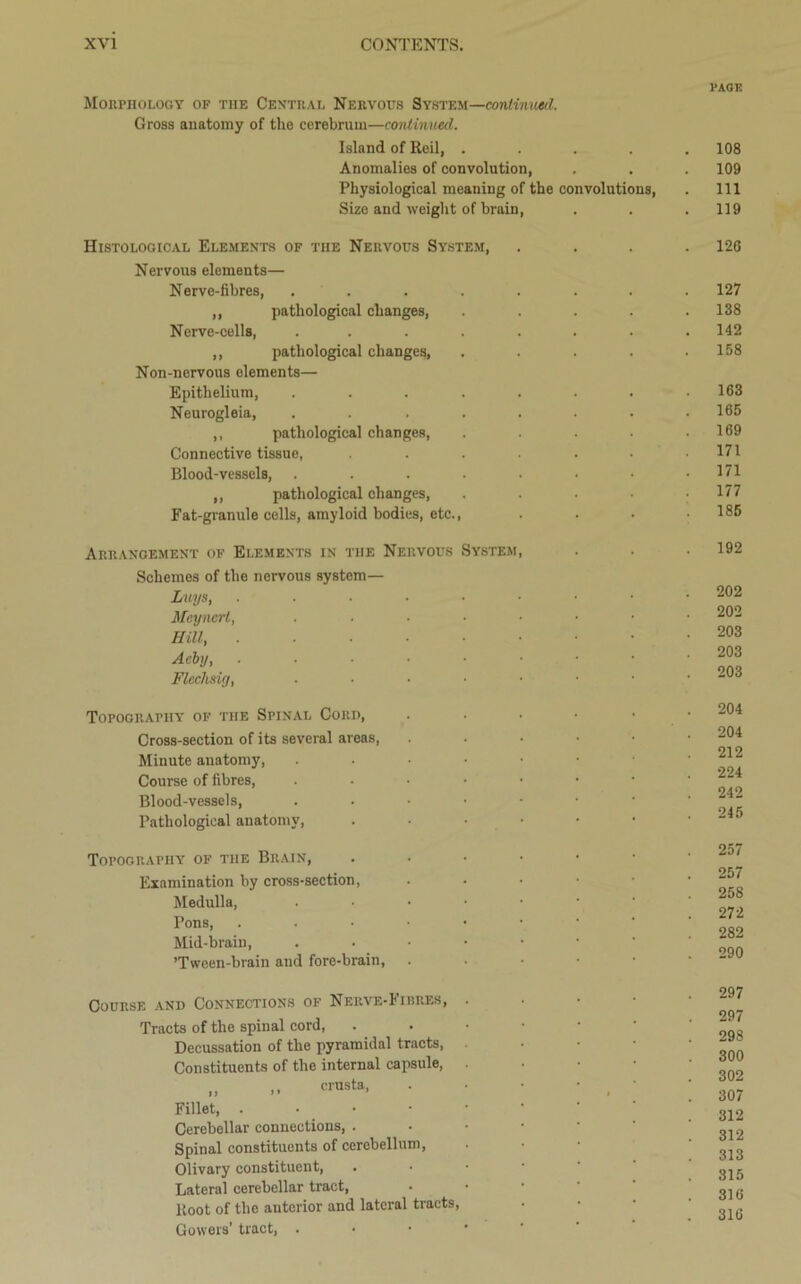 Morphology of the Central Nervous System—continued. Gross anatomy of the cerebrum—continued. Island of Reil, . Anomalies of convolution, Physiological meaning of the convolution Size and weight of brain, Histological Elements of the Nervous System, Nervous elements— Nerve-fibres, . „ pathological changes, Nerve-cells, . ,, pathological changes, Non-nervous elements— Epithelium, . Neurogleia, . ,, pathological changes, Connective tissue, .... Blood-vessels, . ,, pathological changes, Fat-granule cells, amyloid bodies, etc., Arrangement of Elements in the Nervous System, Schemes of the nervous system— Lnys, ..... Meynerl, .... Hill, Achy, . ... ■ Fleclisig, .... Topography of the Spinal Cord, Cross-section of its several areas, Minute anatomy, Course of fibres, Blood-vessels, Pathological anatomy, Topography of the Brain, Examination by cross-section, Medulla, Pons, Mid-brain, ’Tween-brain and fore-brain, Course and Connections of Nerve-Fibres, Tracts of the spinal cord, Decussation of the pyramidal tracts, Constituents of the internal capsule, „ „ crusts, Fillet, . Cerebellar connections, . Spinal constituents of cerebellum, Olivary constituent, Lateral cerebellar tract, Boot of the anterior and lateral tracts, Gowers’ tract, . page 108 109 111 119 12(5 127 138 142 158 163 165 169 171 171 177 185 192 202 202 203 203 203 204 204 212 224 242 245 257 257 258 272 282 290 297 297 298 300 302 307 312 312 313 315 316 316