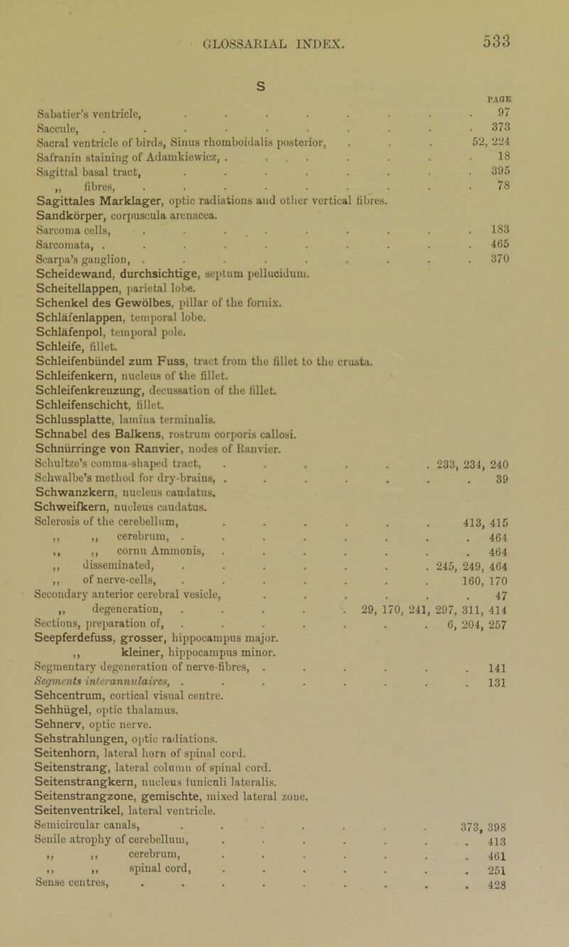 Sabatier’s ventricle, .... Saccule, ...... Sacral ventricle of birds, Sinus rhomboidalis posterior, Safranin staining of Adamkiewicz, . ... Sagittal basal tract, .... „ fibres, ..... Sagittales Marklager, optic radiations and other vertical fibres. Sandkorper, corpuscula arenacea. Sarcoma cells, . . . Sarcomata, ........ Scarpa’s ganglion, ....... Scheidewand, durchsichtige, septum peliucidum. Scheitellappen, parietal lobe. Schenkel des Gewolbes, pillar of the fornix. Schlafenlappen, temporal lobe. Schlafenpol, temporal pole. Schleife, fillet. Schleifenbiindel zum Fuss, tract from the fillet to the crusta. Schleifenkern, nucleus of the fillet. Schleifenkreuzung, decussation of the fillet. Schleifenschicht, fillet. Schlussplatte, lamina terminalis. Schnabel des Balkens, rostrum corporis callosi. Schniirringe von Ranvier, nodes of Ranvier. Schultze’s comma-shaped tract, . . . . . Schwalbe’s method for dry-bruins, . Schwanzkern, nucleus caudatus. Schweifkern, nucleus caudatus. Sclerosis of the cerebellum, ,, „ cerebrum, . ,, ,, cornu Ammonis, ,, disseminated, ,, of nerve-cells, Secondary anterior cerebral vesicle, ,, degeneration, Sections, preparation of, Seepferdefuss, grosser, hippocampus major. ,, kleiner, hippocampus minor. Segmentary degeneration of nerve-fibres, . Segments intcrannulaires, .... Sehcentrum, cortical visual centre. Sehhiigel, optic thalamus. Sehnerv, optic nerve. Sehstrahlungen, optic radiations. Seitenhorn, lateral horn of spinal cord. Seitenstrang, lateral column of spinal cord. Seitenstrangkern, nucleus funiculi lateralis. Seitenstrangzone, gemischte, mixed lateral zone. Seitenventrikel, lateral ventricle. Semicircular canals, Senile atrophy of cerebellum, ,, ,, cerebrum, ,, ,, spinal cord, Sense centres, 97 . 373 52, 224 18 395 78 183 465 370 . 233, 234, 240 39 413, 415 . 464 . 464 245, 249, 464 160, 170 47 29, 170, 241, 297, 311, 414 . 6, 204, 257 141 131 373, 398 . 413 461 . 251 . 428