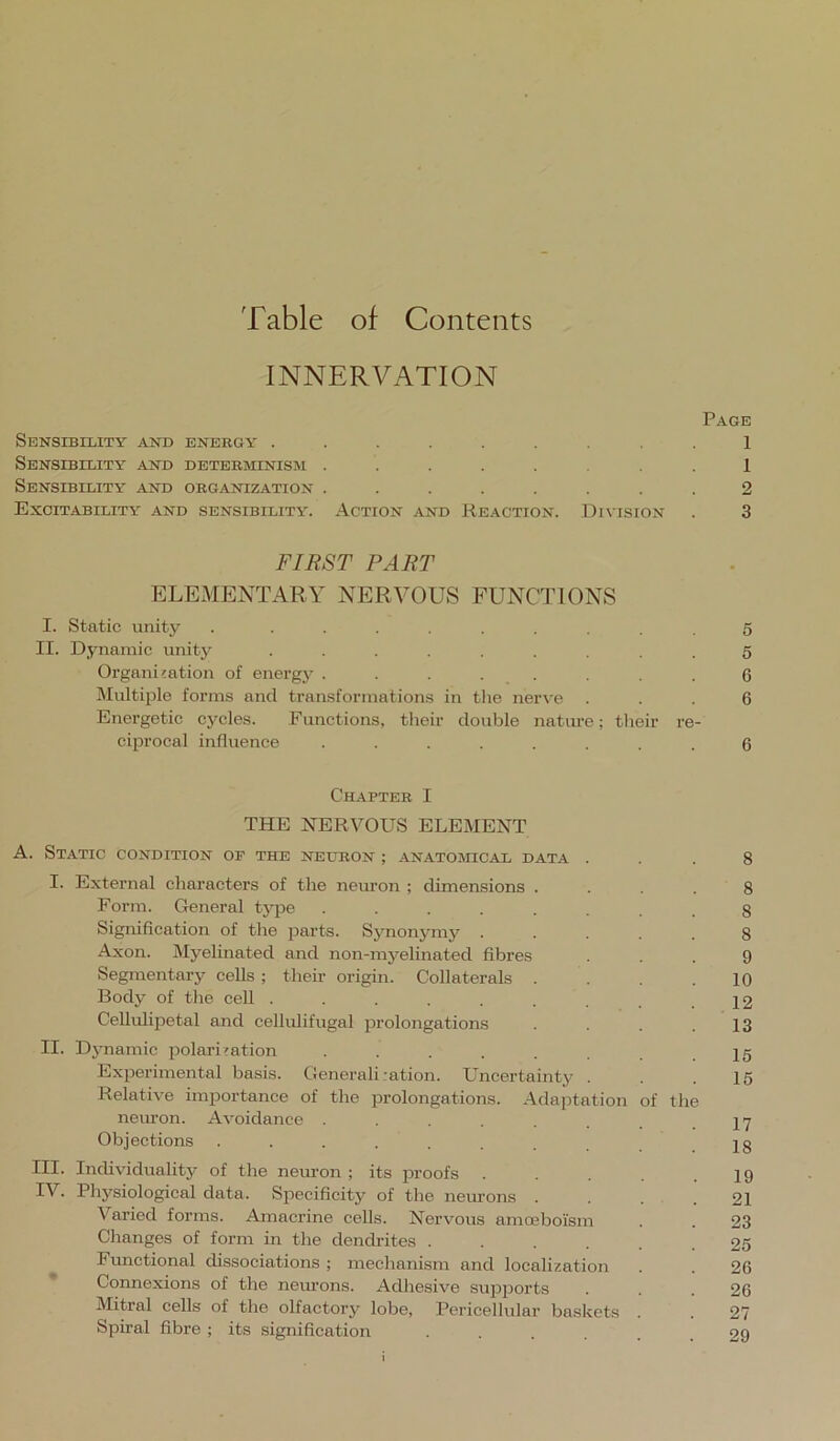 Table of Contents INNERVATION Page Sensibility and energy ......... l Sensibility and determinism ........ 1 Sensibility and organization ........ 2 Excitability and sensibility. Action and Reaction. .Division . 3 FIRST PART ELEMENTARY NERVOUS FUNCTIONS I. Static unity . ......... 5 II. Dynamic unity ......... 5 Organisation of energj . . . . . . . .6 Jlultiple forms and transformations in the nerve ... 6 Energetic cycles. Functions, their double natiu’e; their re- ciprocal influence ........ 6 Chapter I THE NERVOUS ELEMENT A. Static condition op the neuron ; ANATomcAx data ... 8 I. External characters of the neuron ; dimensions .... 8 Form. General type ........ 8 Signification of the jiarts. Synon5miy ..... 8 Axon. Myelinated and non-myelinated fibres ... 9 Segmentary cells ; their origin. Collaterals . . . .10 Body of the cell . . . . . . . . .12 Cellulipetal and cellulifugal prolongations . . .13 II. Dynamic polarisation . . . . . .15 Experimental basis. Generalisation. Uncertainty . . .15 Relative imjiortance of the prolongations. Adaptation of the neiu’on. Avoidance . , .17 Objections 18 III. Individuality of the neuron; its proofs . . . .19 IV. Physiological data. Specificity of the neiuons .... 21 Varied forms. Amacrine cells. Nervous amoeboism . . 23 Changes of form in the dendrites ...... 25 Functional dissociations ; mechanism and localization . . 26 Connexions of the neurons. Adhesive supports . . . 26 Mitral cells of the olfactory lobe, Pericellular baskets . . 27 Spiral fibre; its signification ••■... 29