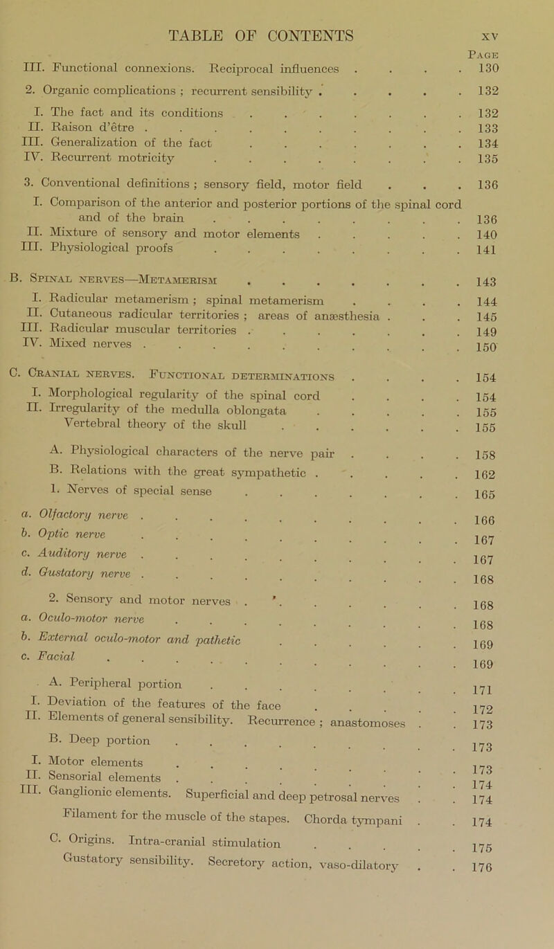 Page III. Functional connexions. Reciprocal influences . . . .130 2. Organic complications ; reciu’rent sensibility . . . . .132 I. The fact and its conditions . . . . . . .132 II. Raison d’etre . . . . . . . . . .133 III. Generalization of the fact . . . . . . .134 IV. Recui’rent motricity . . . . . . . .135 3. Conventional definitions ; sensory field, motor field . . .136 I. Comparison of the anterior and posterior portions of the spinal cord and of the brain ........ 136 II. Mixture of sensory and motor elements . . . . .140 III. Physiological proofs . . . . . . . .141 B. Spin.al ner%'p;s—Metamerism . . . . . . .143 I. Radicular metamerism; spinal metamerism . . . .144 II. Cutaneous radicular territories ; areas of anaesthesia . . .145 III. Radicular muscular territories . . . . . . .149 IV. Mixed nerves ..... iso C. Cranial nerves. Functional determinations I. Morphological regularity of the spinal cord II. Irregularity of the medulla oblongata Vertebral theory of the skull A. Physiological characters of the nerve j^air B. Relations with the great sympathetic . 1. Nerves of special sense a. Olfactory nerve ..... h. Optic nerve .... c. Auditory nerve ..... d. Gustatory nerve .... 2. Sensorj^ and motor nerves . ’. a. Oculo-motor nerve .... h. External oculo-motor and pathetic c. Facial A. Peripheral portion .... I. Deviation of the features of the face II. Elements of general sensibility. Recurrence ; B. Deep portion • ■ . . . anastomoses I. Motor elements II. Sensorial elements III. Ganglionic elements. Superficial and deep petrosal nerves Filament for the muscle of the stapes. Chorda tympani C. Origins. Intra-cranial stimulation Gustatory sensibility. Secretory action, vaso-dilatory 154 154 155 155 158 162 165 166 167 167 168 168 168 169 169 171 172 173 173 173 174 174 174 175 176