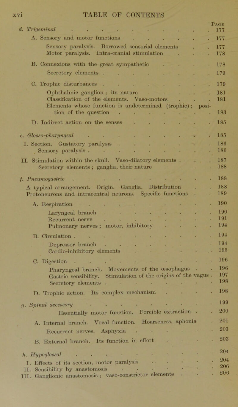 d. Trigemitial ......... A. Sensory and motor fimctions ..... Sensory paralysis. Borrowed sensorial elements Motor paralysis. Intra-cranial stimulation B. Connexions with the great sympathetic Secretory elements ....... C. Trophic disturbances ....... Ophthalmic ganglion ; its nature .... Classification of the elements. Vaso-motors Elements whose function is undetermined (trophic); pos tion of the question ...... D. Indirect action on the senses ..... e. Olosso-pharyngeal ........ I. Section. Gustatory paralysis ...... Sensory paralysis ........ II. Stimulation within the skull. Vaso-dilatory elements . Secretory elements ; ganglia, their nature /. Pneumogastric ......... A typical arrangement. Origin. Ganglia. Distribution Protoneurons and iiitracentral neurons. Specific functions . A. Respiration ........ Laryngeal branch ....... Recurrent nerve . . . • ’ ■ Pulmonary nerves ; motor, inhibitory B. Circulation Depressor branch ....... Cardio-inhibitory elements ..... C. Digestion Pharyngeal branch. Movements of the oesophagus . Gastric sensibility. Stimulation of the origins of the vagus Secretory elements D. Trophic action. Its complex mechanism g. Spinal accessory ....•••• Essentially motor function. Forcible extraction . A. Internal branch. Vocal function. Hoarseness, aphonia Recurrent nerves. Asphyxia . . . • • B. External branch. Its function in effort h. Hypoglossal I. Effects of its section, motor paralysis ... II. Sensibility by anastomosis III. Ganglionic ana.stomosis ; vaso-constrictor elements Page 177 177 177 178 178 179 179 181 181 183 185 185 186 186 187 188 188 188 189 190 190 191 194 194 194 195 196 196 197 198 198 199 200 201 203 203 204 204 206 206