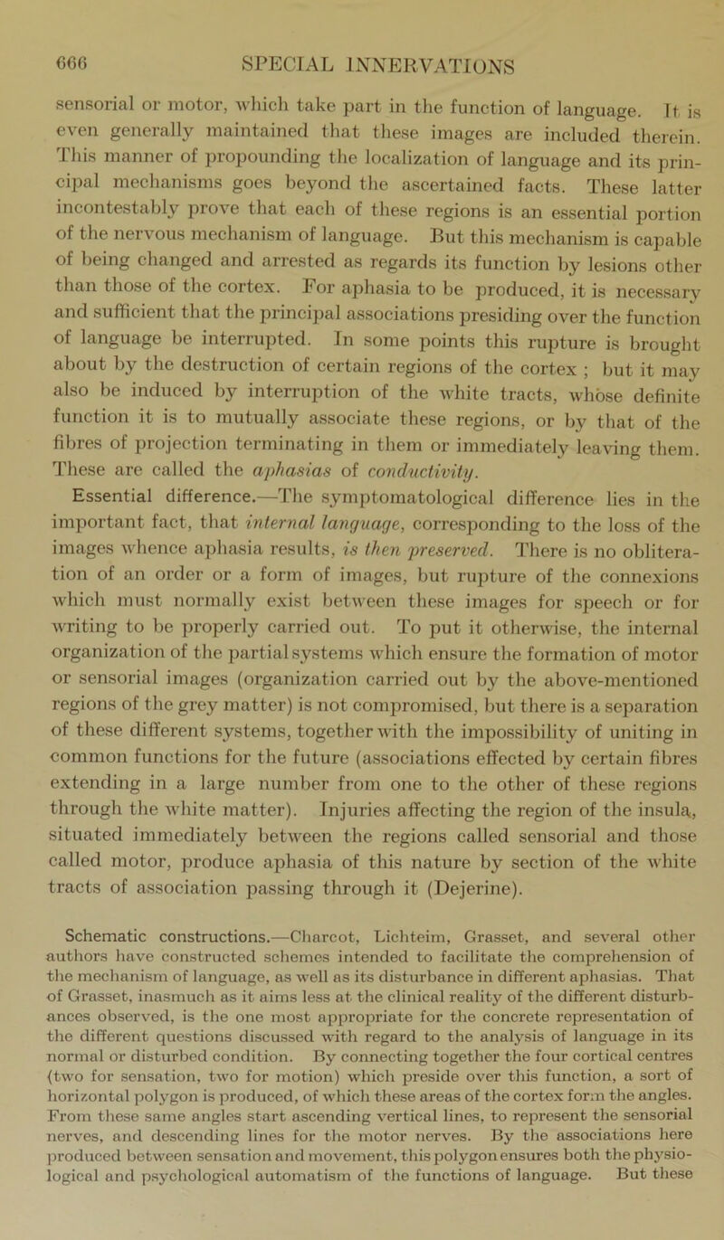 sensorical or motor, Avhich take part in tlie function of language. It is even generally maintained that these images are included therein. I his manner of projioimding the localization of language and its prin- ci])al mechanisms goes beyond the ascertained facts. These latter incontestably prove that each of these regions is an essential portion of the nervous mechanism of language. But this mechanism is capable of being changed and arrested as regards its function by lesions other than those of the cortex, bor aphasia to be produced, it is necessary and sufficient that the principal associations presiding over the function of language be interrupted. In some points this rupture is brought about by the destruction of certain regions of the cortex ; but it may also be induced by interruption of the white tracts, whose definite function it is to mutually associate these regions, or by that of the fibres of projection terminating in them or immediately leaving them. These are called the aphasias of conductivity. Essential difference.—The symptomatological difference lies in the important fact, that internal language, corresponding to the loss of the images whence aphasia results, is then preserved. There is no oblitera- tion of an order or a form of images, but rupture of the connexions which must normally exist between these images for speech or for writing to be properly carried out. To put it otherwise, the internal organization of the partial systems which ensure the formation of motor or sensorial images (organization carried out by the above-mentioned regions of the grey matter) is not compromised, but there is a separation of these different systems, together with the impossibility of uniting in common functions for the future (associations effected by certain fibres extending in a large number from one to the other of these regions through the white matter). Injuries affecting the region of the insula, situated immediately between the regions called sensorial and those called motor, produce aphasia of this nature by section of the white tracts of association passing through it (Dejerine). Schematic constructions.—Charcot, Lichteim, Grasset, and several other authors have constructed schemes intended to facilitate the comprehension of the mechanism of language, as well as its disturbance in different aphasias. That of Grasset, inasmuch as it aims less at the clinical reality of the different disturb- ances observed, is the one most appropriate for the concrete representation of the different questions discussed vdth regard to the analysis of language in its normal or disturbed condition. By connecting together the four cortical centres {two for sensation, two for motion) which preside over this function, a sort of horizontal polygon is produced, of which these areas of the cortex form tlie angles. From these same angles start ascending vertical lines, to represent the sensorial nerves, and descending lines for the motor nerves. By the associations here produced between sensation and movement, this polygon ensures both the physio- logical and psychological automatism of the functions of language. But these