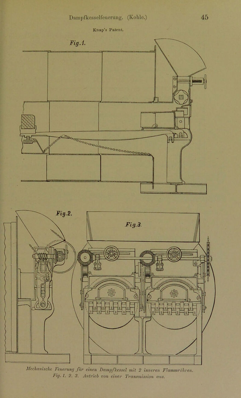 Knap’s Patent. Mechanische Feuerung für einen Dampfkessel mit 2 inneren Flammrohren, big. I. 2. 3. Antrieb von einer Transmission aus.