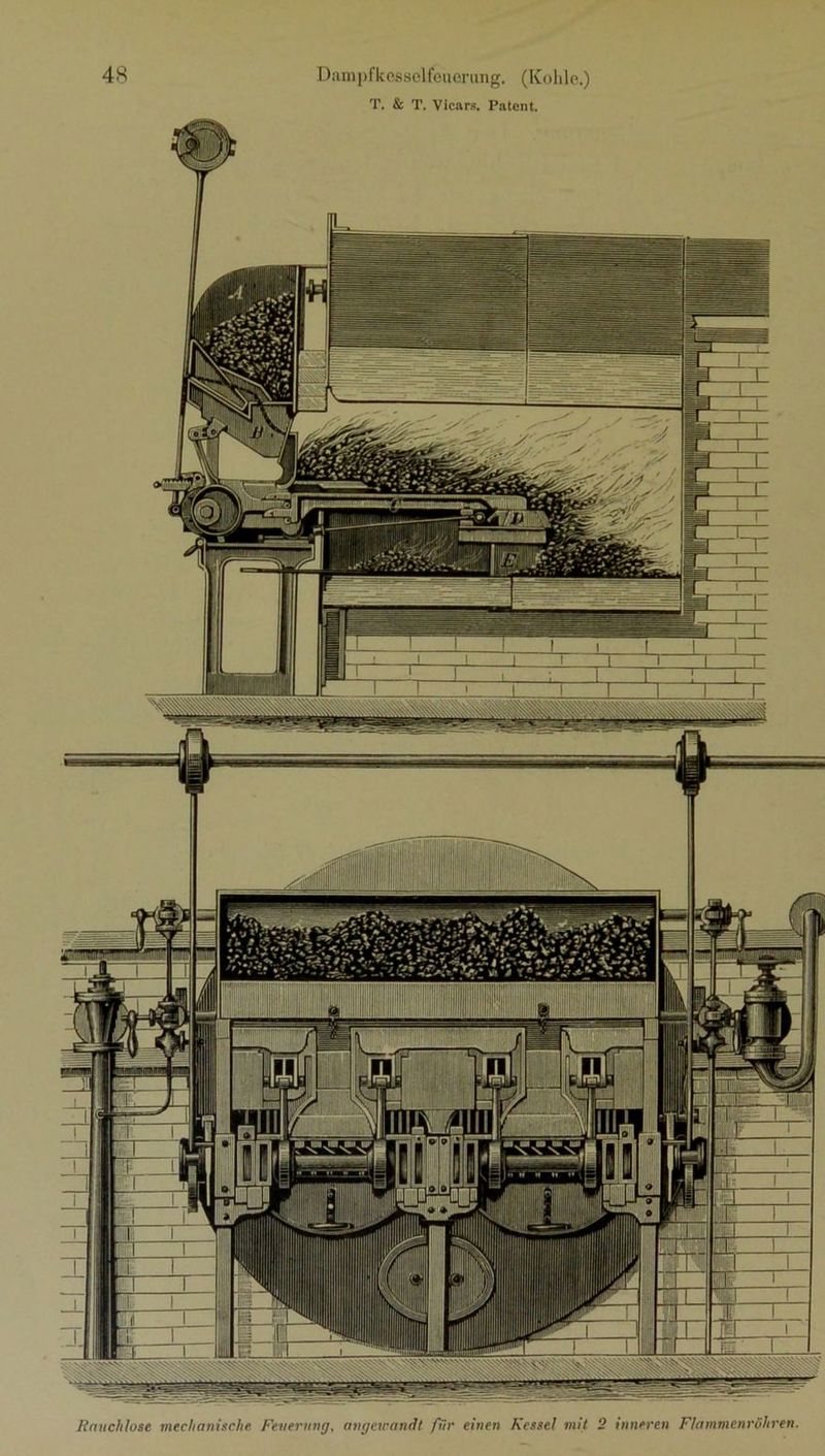 T. & T. Vicara. Patent. Rauchlose mechanische Feuerung, angewandt für einen Kessel mit 2 inneren Flammenröhren.