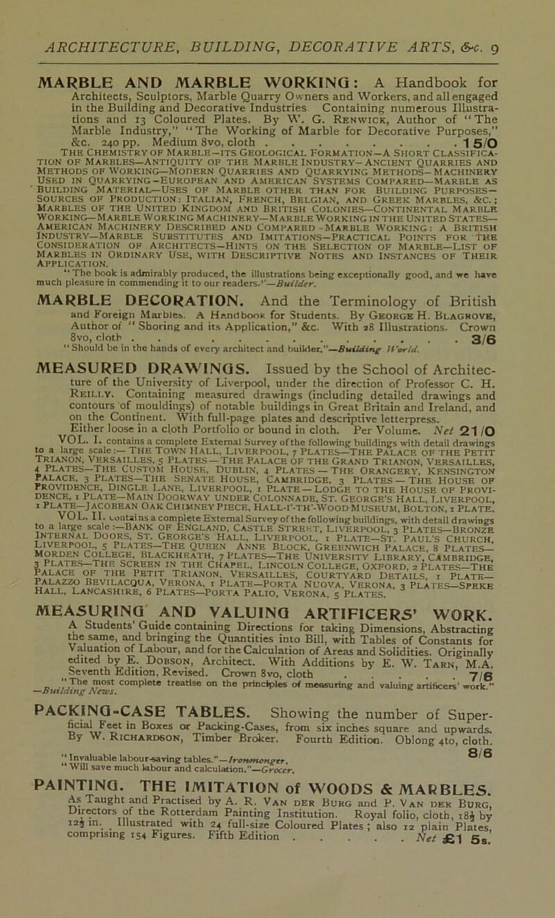 MARBLE AND MARBLE WORKING: A Handbook for Architects, Sculptors, Marble Quarry Owners and Workers, and all engaged in the Building and Decorative Industries Containing numerous Illustra- tions and 13 Coloured Plates. By W. G. Renwick, Author of “The Marble Industry,” “The Working of Marble for Decorative Purposes,” &c. 240 pp. Medium 8vo, cloth 1 5/0 The Chemistry of marble-its Geological Formation-A Short classifica- tion of Marbles—Antiquity of the marble Industry-Ancient Quarries and methods of working—Modern Quarries and quarrying Methods-Machinery Used in Quarrying-European and American Systems Compared—marble as building Material—Uses of Marble other than for building Purposes— Sources of Production: Italian, French, Belgian, and Greek Marbles, &c.; marbles of the United Kingdom and British Colonies—Continental Marble working—Marble working machinery—Marble Working in the United states— American Machinery Described and Compared-Marble working: a British Industry—marble substitutes and imitations—Practical Points for the Consideration of Architects—Hints on the selection of marble—list of Marbles in ordinary Use, with Descriptive Notes and instances of Their Application. “ The book is admirably produced, the illustrations being exceptionally good, and we have much pleasure in commending it to our readers.’'—Builder. MARBLE DECORATION. And the Terminology of British and Foreign Marbles. A Handbook for Students. By Gkorge H. Blagrove, Author of “Shoring and its Application,” &c. With 28 Illustrations. Crown 8vo, doth . 3/6 “Should be in the hands of every architect and builder.—Building If 'orId. MEASURED DRAWINGS. Issued by the School of Architec- ture of the University of Liverpool, under the direction of Professor C. H. Reilly. Containing measured drawings (including detailed drawings and contours of mouldings) of notable buildings in Great Britain and Ireland, and on the Continent. With full-page plates and descriptive letterpress. Either loose in a cloth Portfolio or bound in cloth. Per Volume. Net 21/0 VOL. I. contains a complete External Survey of the following buildings with detail drawings to a large scale:— THE Town HALL, LIVERPOOL, 7 PLATES—THE PALACE OF THE PETIT Trianon, Versailles, 5 plates —The Palace of the Grand Trianon. Versailles, 4 Plates—The Custom House, Dublin, 4 Plates — The Orangery, Kensington palace, 3 Plates—the Senate House, Cambridge. 3 Plates —The House of Providence, Dingle Lane, Liverpool, x plate — Lodge to the House of Provi- dence, 1 Plate—Main Doorway under Colonnade. St. George’s Hall, Liverpool, 1 ^L^X?~JACOBEAN Oak Chimney piece. Hall-i’-th’-Wood museum, Bolton, i Plate. VOL. II. coiitai ns a complete External Survey of the following buildings, with detail drawings to a large scale :-BANK OF ENGLAND, CASTLE STREET, LIVERPOOL, 3 PLATES—BRONZE INTERNAL DOORS, ST. GEORGE’S HALL, LIVERPOOL. 1 PLATE—ST PAUL’S CHURCH, Liverpool, 5 Plates—The queen Anne Block, Greenwich Palace, 8 Plates— Morden College. Blackheath. 7 plates—The University Library, Cambridge, 3 plates—the Screen in the Chapel. Lincoln College, Oxford, 2 Plates—The Trianon; Versailles, Courtyard Details, i plate— Palazzo Bevilacqua, Verona, i Plate—porta Nuova. Verona, 3 Plates—Speke Hall, Lancashire, 6 plates—Porta Palio, Verona, 5 Plates. MEASURING AND VALUING ARTIFICERS’ WORK. A Students Guide containing Directions for taking Dimensions, Abstracting the same, and bringing the Quantities into Bill, with Tables of Constants for Valuation of Labour, and for the Calculation of Areas and Solidities. Originally edited by E. Dobson, Architect. With Additions by E. W. Tarn, M.A. Seventh Edition, Revised. Crown 8vof cloth . ~7<& —Building Vrwj Comp,ole treatlsc on the principles of measuring and valuing artificers'work.” PACKING-CASE TABLES. Showing the number of Super- ficial feet in Boxes or Packing-Cases, from six inches square and upwards. By W. Richardson, Timber Broker. Fourth Edition. Oblong 4lo, cloth. 0)0 “ Invaluable labour-saving tables.—Ironmonger, ° ° Will save much labour and calculation.—Grocer. PAINTING. THE IMITATION of WOODS & MARBLES. As Taught and Practised by A. R. Van der Burg and P. Van der Burg, Directors of the Rotterdam Painting Institution. Royal folio, cloth, t8A by i2$ in. Illustrated with 24 full-size Coloured Plates ; also 12 plain Plates comprising 154 Figures. Fifth Edition Net £1 5a.