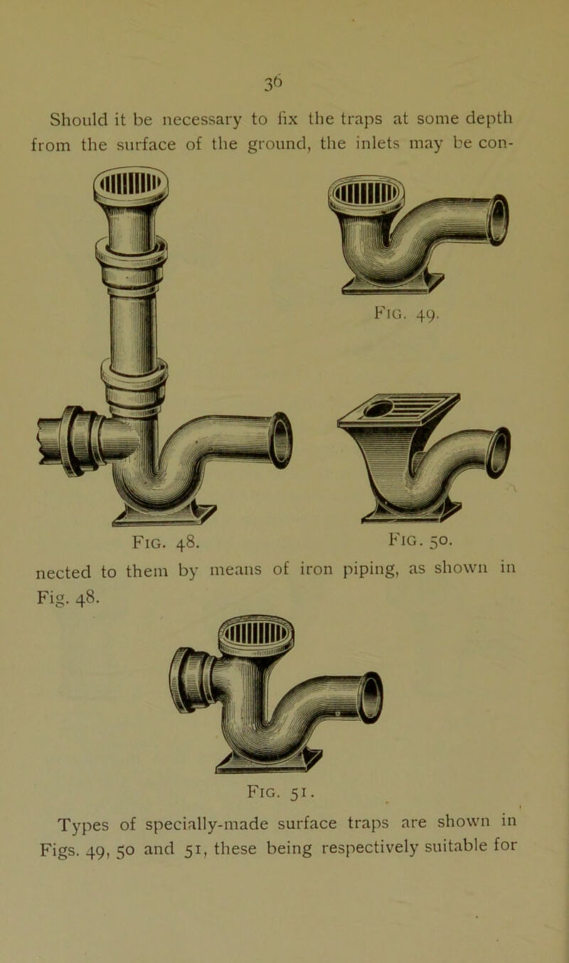 Should it be necessary to hx the traps at some depth from the surface of the ground, the inlets may be con- Fig. 48. nected to them by means of Fig. 48. Fig. 49. Fig. 50. iron piping, as shown in Fig. 51. Types of specially-made surface traps are shown in
