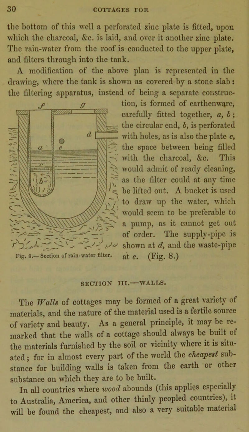 the bottom of this well a perforated zinc plate is fitted, upon which the charcoal, &c. is laid, and over it another zinc plate. The rain-water from the roof is conducted to the upper plate, and filters through into the tank. A modification of the above plan is represented in the drawing, where the tank is shown as covered by a stone slab: the filtering apparatus, instead of being a separate construc- tion, is formed of earthenware, carefully fitted together, a, b; the circular end, b, is perforated with holes, as is also the plate c, the space between being filled with the charcoal, &c. This would admit of ready cleaning, as the filter could at any time be lifted out. A bucket is used to draw up the water, which would seem to be preferable to a pump, as it cannot get out of order. The supply-pipe is s'-- tS* shown at d, and the waste-pipe Fig. 8.—Section of rain-water filter. at C. (Fig. 8.) SECTION III. WALLS. The Walls of cottages may be formed of a great variety of materials, and the nature of the material used is a fertile source of variety and beauty. As a general principle, it may be re- marked that the walls of a cottage should always be built of the materials furnished by the soil or vicinity where it is situ- ated ; for in almost every part of the world the cheapest sub- stance for building walls is taken from the earth or other substance on which they are to be built. In all countries where wood abounds (this applies especially to Australia, America, and other thinly peopled countries), it will be found the cheapest, and also a very suitable material