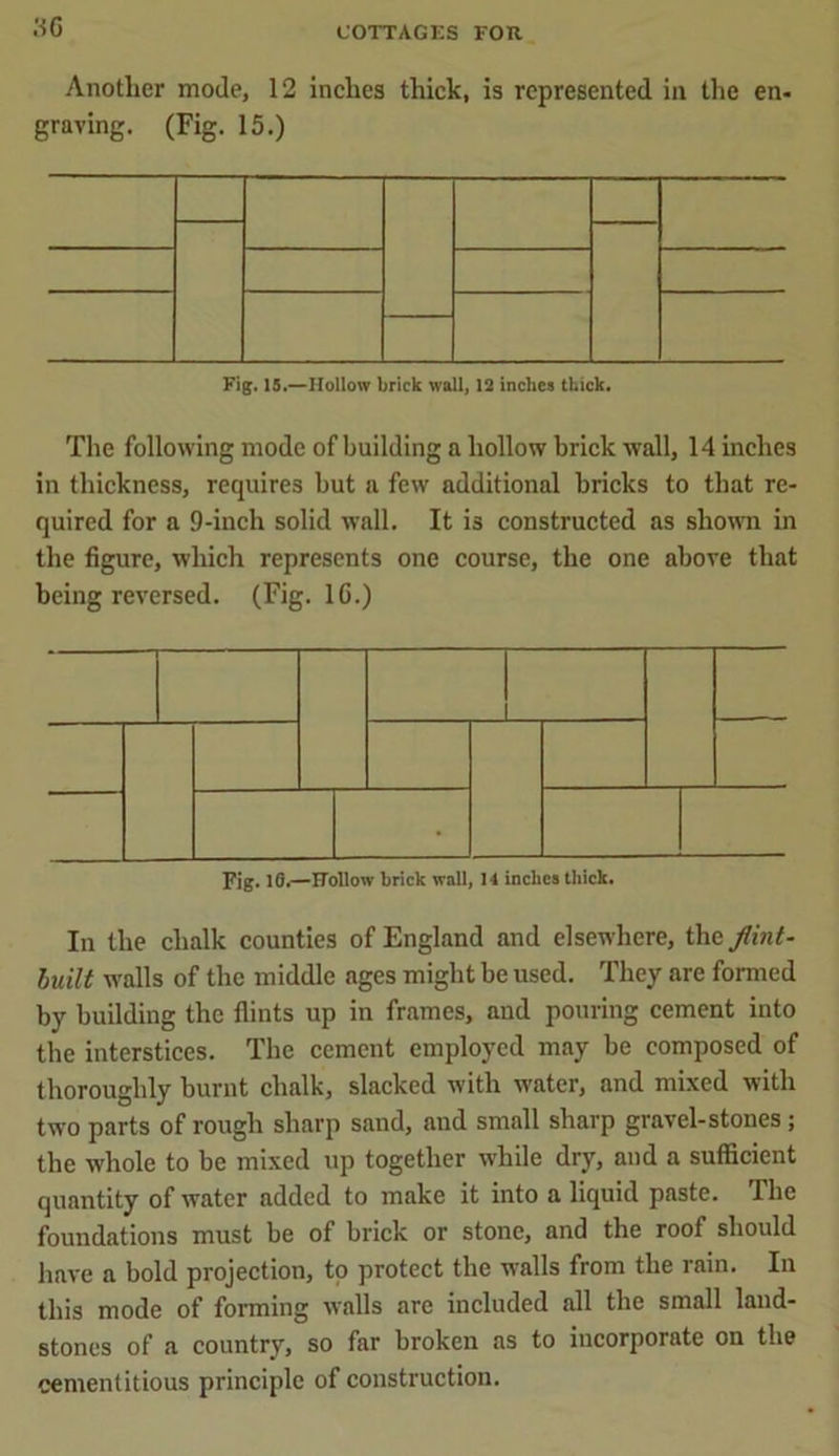 .SG Another mode, 12 inches thick, is represented in the en- graving. (Fig. 15.) The following mode of building a hollow brick wall, 14 inches in thickness, requires but a few additional bricks to that re- quired for a 9-inch solid wall. It is constructed as shown in the figure, which represents one course, the one above that being reversed. (Fig. 1G.) Fig. lG.—Hollow brick wall, 14 inches thick. In the chalk counties of England and elsewhere, thc flint- built walls of the middle ages might be used. They are formed by building the flints up in frames, and pouring cement into the interstices. The cement employed may be composed of thoroughly burnt chalk, slacked with water, and mixed with two parts of rough sharp sand, and small sharp gravel-stones ; the whole to be mixed up together while dry, and a sufficient quantity of water added to make it into a liquid paste. The foundations must be of brick or stone, and the roof should have a bold projection, to protect the walls from the rain. In this mode of forming walls are included all the small land- stones of a country, so far broken as to incorporate on the cementitious principle of construction.