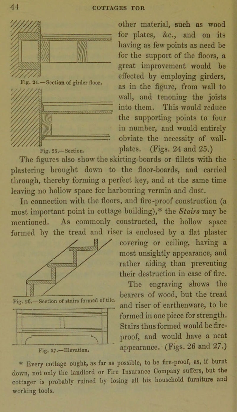 Y////V Fig. il l.—Section of girder floor. other material, such as wood for plates, &c., and on its having as few points as need he for the support of the floors, a great improvement would be effected by employing girders, as in the figure, from wall to wall, and tenoning the joists into them. This would reduce the supporting points to four in number, and would entirely obviate the necessity of wall- plates. (Figs. 24 and 25.) The figures also show the skirting-boards or fillets with the plastering brought down to the floor-boards, and carried through, thereby forming a perfect key, and at the same time leaving no hollow space for harbouring vermin and dust. In connection with the floors, nnd fire-proof construction (a most important point in cottage building),* the Stairs may be mentioned. As commonly constructed, the hollow space the tread and riser is enclosed by a flat plaster covering or ceilin formed JD> having a Fig. 26.—Section of stairs formed of tile. Fig. 27.—Elevation. most unsightly appearance, and rather aiding than preventing their destruction in case of fire. The engraving shows the bearers of wood, but the tread and riser of earthenware, to be formed in one piece for strength. Stairs thus formed would be fire- proof, and would have a neat appearance. (Figs. 26 and 27.) * Every cottage ought, as far as possible, to be fire-proof, as, if burnt down, not only the landlord or Fire Insurance Company suffers, but the cottager is probably ruined by losing all bis household furniture and working tools.