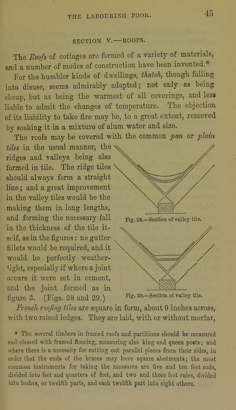 SECTION V.—ROOTS. The Hoofs of cottages are formed of a variety of materials, and a number of modes of construction have been invented. Tor the humbler kinds of dwellings, thatch, though falling into disuse, seems admirably adapted; not only as being cheap, but as being the -warmest of all coverings, and less liable to admit the changes of temperature. The objection of its liability to take fire may he, to a great extent, removed by soaking it in a mixture of alum -water and size. The roofs may be covered with the common pan or plain tiles in the usual manner, the ridges and valleys being also formed in tile. The ridge tiles should always form a straight line; and a great improvement in the valley tiles would be the making them in long lengths, and forming the necessary fall in the thickness of the tile it- self, as in the figures: no gutter fillets would be required, and it would bo perfectly weather- tight, especially if where a joint occurs it were set in cement, and the joint formed as in figure 3. (Tigs. 28 and 29.) Fls> 2»--8«>Uon of valle>'Ule- French roofing tiles are square in form, about 9 inches across, with two raised ledges. They are laid, with or without mortar, * The several timbers in framed roofs and pariitions should be measured and classed with framed flooring, measuring also king and queen posts; and where there is a necessity for cutting out parallel pieces from their sides, iu order that the ends of the braces may have square abutments; the most common instruments for taking the measures are five and ten feet rods, divided into feet and quarters of feet, and two and three feet rules, divided into inches, or twelfth parts, and each twelfth part into eight others.