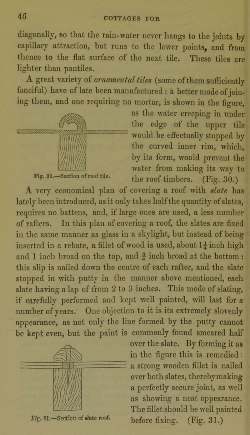 4G diagonally, so (hat the rain-water never hangs to the joints by capillary attraction, hut runs to the lower points, and from thence to the flat surface of the next tile. These tiles are lighter than pantiles. A great variety of ornamental tiles (some of them sufficiently fanciful) have of late been manufactured : a better mode of join- ing them, and one requiring no mortar, is shown in the figure, as the water creeping in under the edge of the upper tile would be effectually stopped by the curved inner rim, which, by its form, would prevent the water from making its way to the roof timbers. (Fig. 30.) A very economical plan of covering a roof with slate has lately been introduced, as it only takes half the quantity of slates, requires no battens, and, if large ones are used, a less number of rafters. In this plan of covering a roof, the slates are fixed in the same manner as glass in a skylight, but instead of being inserted in a rebate, a fillet of wood is used, about l^-inch high and 1 inch broad on the top, and f inch broad at the bottom : this slip is nailed down the centre of each rafter, and the slate stopped in with putty in the manner above mentioned, each slate having a lap of from 2 to 3 inches. This mode of slating, if carefully performed and kept well painted, will last for a number of years. One objection to it is its extremely slovenly appearance, as not only the line formed by the putty cannot be kept even, but the paint is commonly found smeared half over the slate. By forming it as in the figure this is remedied: a strong wooden fillet is nailed over both slates, therebymaking a perfectly secure joint, as well as showing a neat appearance. The fillet should be well painted