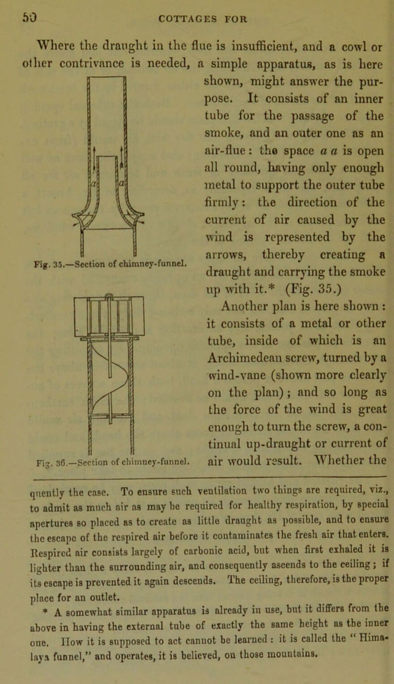 r Where the draught in the flue is insufficient, and a cowl or other contrivance is needed, a simple apparatus, as is here shown, might answer the pur- pose. It consists of an inner tube for the passage of the smoke, and an outer one as an air-flue : the space a a is open all round, having only enough metal to support the outer tube firmly: the direction of the current of air caused by the wind is represented by the arrows, thereby creating a draught and carrying the smoke up with it.* * (Fig- 35.) Another plan is here shown : it consists of a metal or other tube, inside of which is an Archimedean screw', turned by a wind-vane (shown more clearly on the plan); and so long as the force of the wind is great enough to turn the screw, a con- tinual up-draught or current of Fis. 36.—Section of chimney-funnel. air would result. Whether the quently the ease. To ensure such ventilation two things are required, viz., to admit as much air as may be required for healthy respiration, by special apertures so placed as to create as little draught as possible, and to ensute the escape of the respired air before it contaminates the fresh air that enters. Respired air consists largely of carbonic acid, but when first exhaled it is lighter than the surrounding air, and consequently ascends to the ceiling ; if its escape is prevented it again descends. The ceiling, therefore, is the proper place for an outlet. * A somewhat similar apparatus is already in use, but it differs from the above in having the external tube of exactly the same height as the inner one. How it is supposed to act cannot be learned : it is called the 1 Hima* lays funnel,” and operates, it is believed, on those mountains.