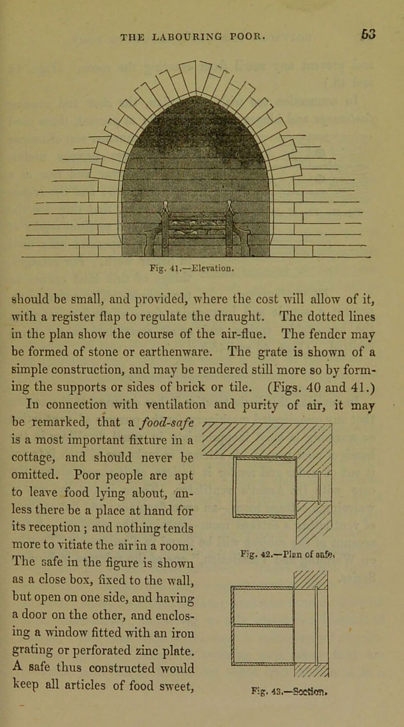 Fig. 41.—Elevation. should be small, and provided, where the cost will allow of it, with a register flap to regulate the draught. The dotted lines in the plan show the course of the air-flue. The fender may be formed of stone or earthenware. The grate is shown of a simple construction, and may he rendered still more so by form- ing the supports or sides of brick or tile. (Figs. 40 and 41.) In connection with ventilation and purity of air, it may be remarked, that a food-safe ^ is a most important fixture in a cottage, and should never be omitted. Poor people are apt to leave food lying about, un- less there be a place at hand for its reception ; and nothing tends more to vitiate the air in a room. The safe in the figure is shown as a close box, fixed to the wall, but open on one side, and having a door on the other, and enclos- ing a window fitted with an iron grating or perforated zinc plate. A safe thus constructed would keep all articles of food sweet, K;g. 43 _SoctiWi Fig. 42.—Hon of oafei