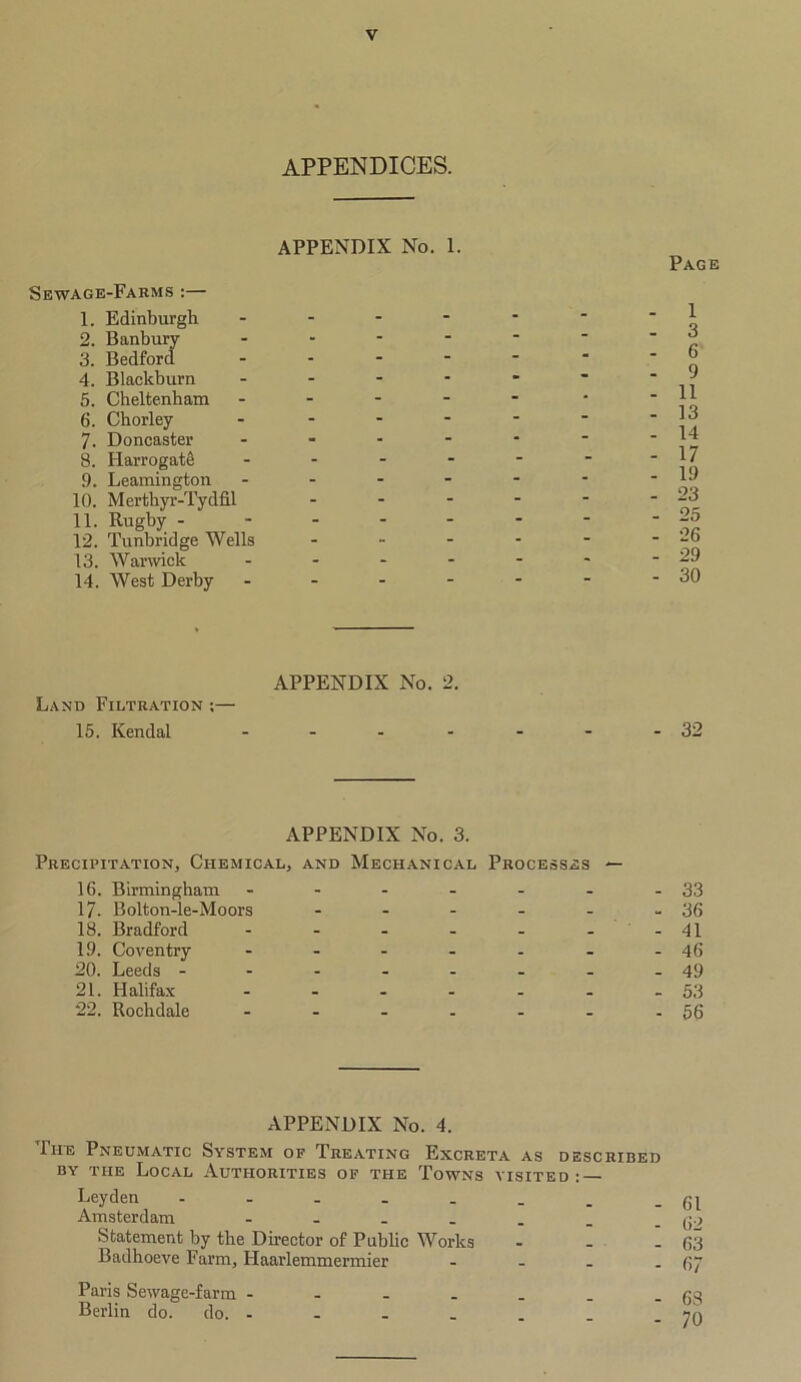 APPENDICES. APPENDIX No. 1. Page Sewage-Farms :— 1. Edinburgh 2. Banbury 3. Bedford 4. Blackburn 5. Cheltenham 6. Chorley 7. Doncaster 8. Harrogate 9. Leamington 10. Merthvr-Tydfil 11. Rugby - 12. Tunbridge Wells 13. Warwick 14. West Derby 1 3 6 9 11 13 14 17 19 23 25 26 29 30 APPENDIX No. 2. Land Filtration ;— 15. Kendal - - - - - - -32 APPENDIX No. 3. Precipitation, Chemical, and Mechanical Processes — - 33 - 36 - 41 - 46 - 49 - 53 - 56 16. Birmingham 17. Bolton-le-Moors 18. Bradford 19. Coventry 20. Leeds - 21. Halifax 22. Rochdale APPENDIX No. 4. The Pneumatic System of Treating Excreta as described by the Local Authorities of the Towns visited: Leyden gj Amsterdam - - - . . _ - 6° Statement by the Director of Public Works - - - 63 Badhoeve Farm, Haarlemmermier - - - - 6/ Paris Sewage-farm - Berlin do. do. - 63 70