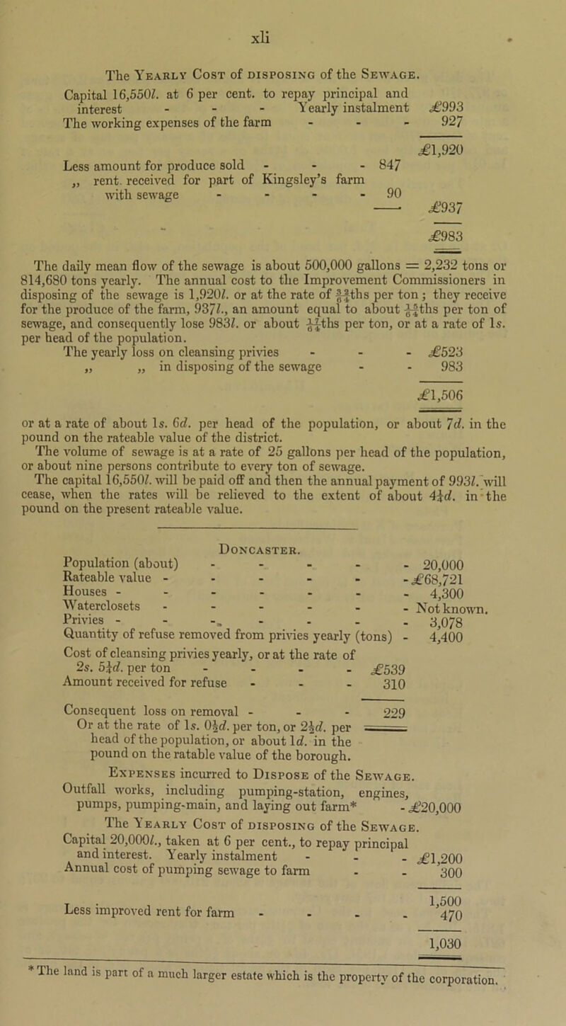 The Yearly Cost of disposing of the Sewage. Capital 16,550/. at 6 per cent, to repay principal and interest ... Yearly instalment £993 The working expenses of the farm ... 927 ,£1,920 Less amount for produce sold ... 847 „ rent, received for part of Kingsley’s farm with sewage - - - - 90 ■ £937 <£983 The daily mean flow of the sewage is about 500,000 gallons = 2,232 tons or 814,680 tons yearly. The annual cost to the Improvement Commissioners in disposing of the sewage is 1,920/. or at the rate of ffths per ton ; they receive for the produce of the farm, 937/., an amount equal to about ^fths per ton of sewage, and consequently lose 983/. or about -J^ths per ton, or at a rate of Is. per head of the population. The yearly loss on cleansing privies ... £523 „ „ in disposing of the sewage - - 983 £1,506 or at a rate of about Is. 6c/. per head of the population, or about 7 d. in the pound on the rateable value of the district. The volume of sewage is at a rate of 25 gallons per head of the population, or about nine persons contribute to every ton of sewage. The capital 16,550/. will be paid off and then the annual payment of 993/. will cease, when the rates will be relieved to the extent of about 4%d. in the pound on the present rateable value. Doncaster. Population (about) ..... 20,000 Rateable value ...... ^68,721 Houses ....... 4^00 Waterclosets Not known. Privies - - - . . . ^078 Quantity of refuse removed from privies yearly (tons) - 4,400 Cost of cleansing privies yearly, or at the rate of 2s. 5JcZ. per ton .... £539 Amount received for refuse ... 340 Or at the rate of Is. 0\d. per ton, or 2kd. per head of the population, or about lc/. in the pound on the ratable value of the borough. Expenses incurred to Dispose of the Sewage. Outfall works, including pumping-station, engines, pumps, pumping.main, and laying out farm* - £20,000 The Yearly Cost of disposing of the Sewage. Capital 20,000/., taken at 6 per cent., to repay principal and interest. Yearly instalment - £1,200 Annual cost of pumping sewage to farm - - ’300 Less improved rent for farm 1,500 470 1,030 *lhe land 1S Pan of n much larger estate which is the property of the corporation.