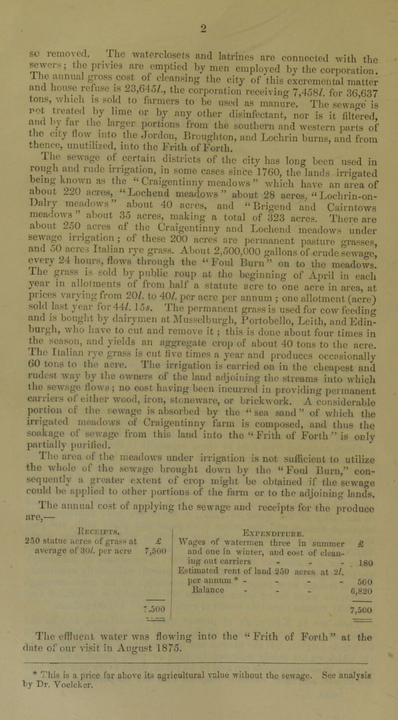 so removed. The waterclosets and latrines are connected with the sewers; the privies are emptied by men employed by the corporation. The annual gross cost of cleansing the city of this cxcremental matter and house refuse is -3,64o/., the corporation receiving 7,458/. for 36,637 tons, which is sold to farmers to be used as manure. The sewage is rot tieated by lime or by any other disinfectant, nor is it filtered, and by far the larger portions from the southern and western parts of the city flow into the Jordon, Broughton, and Lochrin burns, and from thence, unutilized, into the Frith of Forth. llic sewage of certain districts of the city has long been used in rough and rude irrigation, in some cases since 1760, the lands irrigated being known as the “ Craigentinny meadows ” which have an area of about 220 acres, “Lochend meadows ” about 28 acres. “ Lochrin-on- Dalry meadows” about 40 acres, and “Brigend and Cairntows meadows ” about 35 acres, making a total of 323 acres. There are about 250. acres of the Craigentinny and Lochend meadows under sewage irrigation ; of these 200 acres are permanent pasture grasses and 50 acres Italian rye grass. About 2,500,000 gallons of crude sewage! every 24 hours, flows through the £< Foul Burn ” on to the meadows. I he grass is sold by public roup at the beginning of April in each yeai in allotments of from half a statute acre to one acre in area, at prices varying from 20/. to 40/. per acre per annum ; one allotment (acre) sold last } eai for 44/. 15s. 1 he permanent grass is used for cow feedin' and is bought by dairymen at Musselburgh, Portobello, Leith, andEdin- burgh, iv 11o have to cut and remove it; this is done about four times in the season, and yields an aggregate crop of about 40 tons to the acre. The Italian rye grass is cut five times a year and produces occasionally 60 tons to the acre. The irrigation is carried on in the cheapest and rudest way by the owners of the land adjoining the streams into which the sewage flows; no cost having been incurred in providing permanent carriers of either wood, iron, stoneware, or brickwork. A considerable portion of the sewage is absorbed by the “sea sand” of which the irrigated meadows of Craigentinny farm is composed, and thus the soakage of sewage from this land into the “ Frith of Forth ” is only partially purified. Ihe area of the meadows under irrigation is not sufficient to utilize the whole of the sewage brought down by the “ Foul Burn,” con- sequently a greater extent of crop might be obtained if the sewage could be applied to other portions of the farm or to the adjoining lands. The annual cost of applying the sewage and receipts for the produce are,— Expendituke. £ W ages of watermen three in summer & 7,500 and one in winter, and cost of clean- ing out carriers - 180 Estimated rent of land 250 acres at 2/. per annum * - - - „ 500 Balance - G,820 IiECKIPTS. 250 statue acres of grass at average of 30/. per acre ' .500 7,500 The effluent water was flowing into the “Frith of Forth” at the date of our visit in August 1875. * This is a price far above its agricultural value without the sewage. See analysis by Dr. Voeleker.