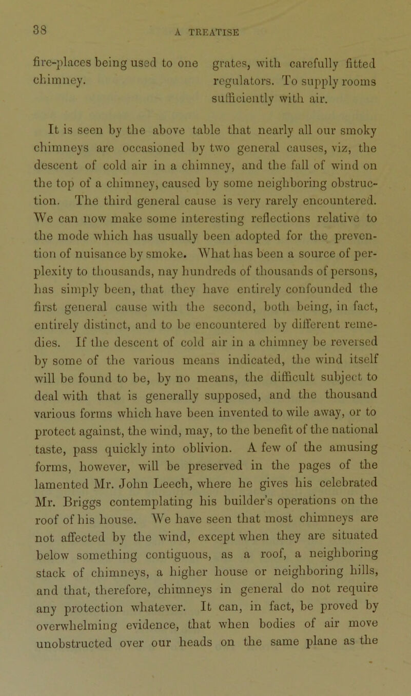 fire-places being used to one grates, with carefully fitted chimney. regulators. To supply rooms sufficiently with air. It is seen by the above table that nearly all our smoky chimneys are occasioned by two general causes, viz, the descent of cold air in a chimney, and the fall of wind on the top of a chimney, caused by some neighboring obstruc- tion. The third general cause is very rarely encountered. We can now make some interesting reflections relative to the mode which has usually been adopted for the preven- tion of nuisance by smoke. What has been a source of per- plexity to thousands, nay hundreds of thousands of persons, has simply been, that they have entirely confounded the first general cause with the second, both being, in fact, entirely distinct, and to be encountered by different reme- dies. If the descent of cold air in a chimney be reversed by some of the various means indicated, the wind itself will be found to be, by no means, the difficult subject to deal with that is generally supposed, and the thousand various forms which have been invented to wile away, or to protect against, the wind, may, to the benefit of the national taste, pass quickly into oblivion. A few of the amusing forms, however, will be preserved in the pages of the lamented Mr. John Leech, where he gives his celebrated Mr. Briggs contemplating his builder’s operations on the roof of his house. We have seen that most chimneys are not affected by the wind, except when they are situated below something contiguous, as a roof, a neighboring stack of chimneys, a higher house or neighboring hills, and that, therefore, chimneys in general do not require any protection whatever. It can, in fact, be proved by overwhelming evidence, that when bodies of air move unobstructed over our heads on the same plane as the