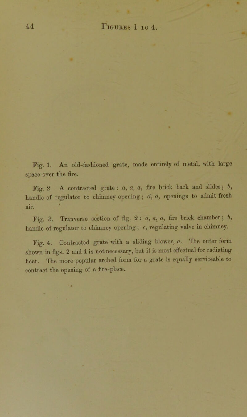 Fig. 1. An old-fashioned grate, made entirely of metal, with large space over the fire. Fig. 2. A contracted grate : a, a, a, fire brick back and slides; b, handle of regulator to chimney opening; d, d, openings to admit fresh air. Fig. 3. Tran verse section of fig. 2 : a, a, a, fire brick chamber; b, handle of regulator to chimney opening; c, regulating valve in chimney. Fig. 4. Contracted grate with a sliding blower, a. The outer form shown in figs. 2 and 4 is not necessary, but it is most effectual for radiating heat. The more popular arched form for a grate is equally serviceable to contract the opening of a fire-place.