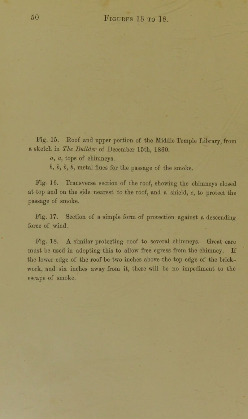 Fig. 15. Roof and upper portion of the Middle Temple Library, from a sketch in The Builder of December 15th, 1860. a, a, tops of chimneys. b, b, b, b, metal flues for the passage of the smoke. Fig. 16. Transverse section of the roof, showing the chimneys closed at top and on the 6ide nearest to the roof, and a shield, c, to protect the passage of smoke. Fig. 17. Section of a simple form of protection against a descending force of wind. Fig. 18. A similar protecting roof to several chimneys. Great care must be used in adopting this to allow free egress from the chimney. If the lower edge of the roof be two inches above the top edge of the brick- work, and six inches away from it, there will be no impediment to the escape of smoke.