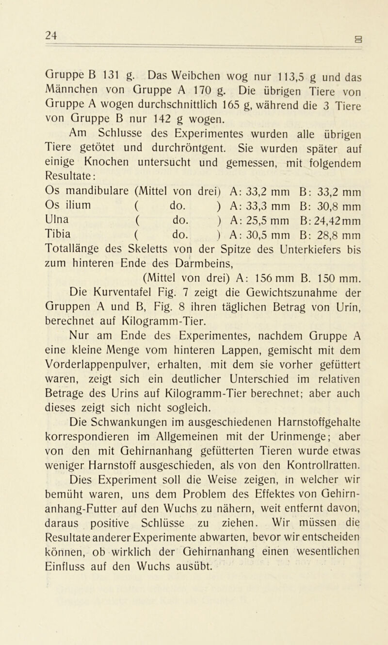 □ Gruppe B 131 g. Das Weibchen wog nur 113,5 g und das Männchen von Gruppe A 170 g. Die übrigen Tiere von Gruppe A wogen durchschnittlich 165 g, während die 3 Tiere von Gruppe B nur 142 g wogen. Am Schlüsse des Experimentes wurden alle übrigen Tiere getötet und durchröntgent. Sie wurden später auf einige Knochen untersucht und gemessen, mit folgendem Resultate: Os mandibulare (Mittel von drei) A: 33,2 mm B: 33,2 mm Os ilium ( do. ) A: 33,3 mm B: 30,8 mm Ulna ( do. ) A: 25,5 mm B: 24,42mm Tibia ( do. ) A: 30,5 mm B: 28,8 mm Totallänge des Skeletts von der Spitze des Unterkiefers bis zum hinteren Ende des Darmbeins, (Mittel von drei) A: 156 mm B. 150 mm. Die Kurventafel Fig. 7 zeigt die Gewichtszunahme der Gruppen A und B, Fig. 8 ihren täglichen Betrag von Urin, berechnet auf Kilogramm-Tier. Nur am Ende des Experimentes, nachdem Gruppe A eine kleine Menge vom hinteren Lappen, gemischt mit dem Vorderlappenpulver, erhalten, mit dem sie vorher gefüttert waren, zeigt sich ein deutlicher Unterschied im relativen Betrage des Urins auf Kilogramm-Tier berechnet; aber auch dieses zeigt sich nicht sogleich. Die Schwankungen im ausgeschiedenen Harnstoffgehalte korrespondieren im Allgemeinen mit der Urinmenge; aber von den mit Gehirnanhang gefütterten Tieren wurde etwas weniger Harnstoff ausgeschieden, als von den Kontrollratten. Dies Experiment soll die Weise zeigen, in welcher wir bemüht waren, uns dem Problem des Effektes von Gehirn- anhang-Futter auf den Wuchs zu nähern, weit entfernt davon, daraus positive Schlüsse zu ziehen. Wir müssen die Resultate anderer Experimente abwarten, bevor wir entscheiden können, ob wirklich der Gehirnanhang einen wesentlichen Einfluss auf den Wuchs ausübt.