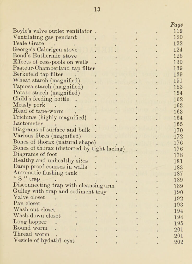 Page Boyle’s valve outlet ventilator . . . . 119 Ventilating gas pendant . . . . 120 Teale Grate . . . . . .122 George’s Calorigen stove .... 124 Bond’s Euthermic stove . . . . 125 Effects of cess-pools on wells . . . . 130 Pasteur-Chamberland tap filter . . . 139 Berkefeld tap filter . . . . .139 Wheat starch (magnified) . . . . 151 Tapioca starch (magnified) . . . .153 Potato starch (magnified) . . . . 154 Child’s feeding bottle . . . . .162 Measly pork . . . . . .163 Head of tape-worm . . . . .163 Trichinae (highly magnified) . . . .164 Lactometer . . . . . .165 Diagrams of surface and bulk . . . .170 Various fibres (magnified) . . . . 172 Bones of thorax (natural shape) . . . 176 Bones of thorax (distorted by tight lacing) . . 176 Diagrams of foot . . . . .178 Healthy and unhealthy sites .... 181 Damp proof courses in walls . . . .183 Automatic flushing tank ... 187 “ S ” trap . . . . . [ 189 Disconnecting trap with cleansing arm . . 189 Gulley with trap and sediment tray . . . 190 Valve closet . . . , . .192 Pan closet . . . . . .193 Wash-out closet . . . t .194 Wash down closet . . , . .194 Long hopper . , . . . ] 195 Round worm ..... 201 Thread worm . . , . . .201 Vesicle of hydatid cyst .... 202