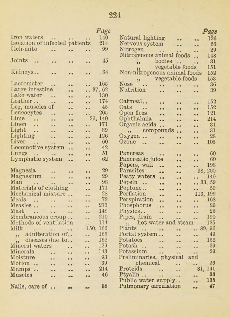 Page Page Iron waters 140 Natural lighting 126 Isolation of infected patients 214 Nervous system 66 Itch-mite .. .. 99 Nitrogen 29 Nitrogenous animal foods 148 Joints 45 ,, bodies .. 31 ,, vegetable foods 151 Kidneys 64 Non-nitrogenous animal foods 152 „ vegetable foods 153 Lactometer 165 Nose 36 Large intestine 37, 62 Nutrition 39 Lako water 130 Leather 174 Oatmeal 152 Leg, muscles of 45 Oats 152 Leucocytes 205 Open fires 121 Lime 29, 140 Ophthalmia 214 Linen 171 Organic acids .. 31 Light 89 ,, compounds .. 31 Lighting 126 Oxygen 28 Liver 60 Ozone 105 Locomotive system .. 42 Lungs 51 Pancreas 60 Lymphatic system .. 62 Pancreatic juice 60 Papers, wall .. 198 Magnesia 29 Parasites 9S, 200 Magnesium 29 Peaty waters .. . 140 Man 98 Pepsin .. 33 , 59 Materials of clothing 171 Peptone 59 Mechanical mixture .. 28 Perflation 113, 199 M eals 72 Perspiration .. 168 Measles 213 Phosphorus 29 Meat 148 Physics 26 Membraneous croup .. 210 Pipes, drain .. 190 Methods of ventilation 114 ,, hot water and steam 125 Milk 150, 162 Plants .. 89 , 96 ,, adulteration of.. 165 Portal system .. 49 diseases due to.. 162 Potatoes 152 Mineral waters 129 Potash 29 Minerals 143 Potassium 29 Moisture 93 Preliminaries, physical and Motion 39 chemical 26 Mumps 214 Proteids 31, 141 Muscles 46 Ptyalin 33 Public water supply.. 135 Nails, care of .. „ 88 Pulmonary circulation 47