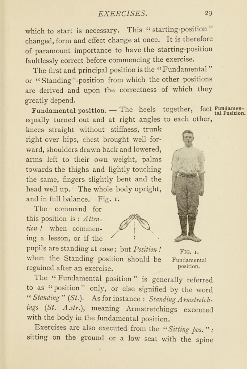 which to start is necessary. This “ starting-position ” changed, form and effect change at once. It is therefore of paramount importance to have the starting-position faultlessly correct before commencing the exercise. The first and principal position is the “Fundamental ” %ssr or “ Standing’’-position from which the other positions are derived and upon the correctness of which they greatly depend. Fundamental position. — The heels together, feet equally turned out and at right angles to each other, knees straight without stiffness, trunk right over hips, chest brought well for- ward, shoulders drawn back and lowered, arms left to their own weight, palms towards the thighs and lightly touching the same, fingers slightly bent and the head well up. The whole body upright, and in full balance. Fig. 1. The command for this position is : A Men- tion ! when commen- ing a lesson, or if the pupils are standing at ease; but Position ! when the Standing position should be regained after an exercise. The u Fundamental position ” is generally referred to as “ position only, or else signified by the word Standing (St.). As for instance : Standing Avnistvetch- ings (St. A.sty.'), meaning Armstretchings executed with the body in the fundamental position. Exercises are also executed from the “ Sitting pos. ” : sitting on the ground or a low seat with the spine Fig. 1. Fundamental position. Fundamen- tal Position.