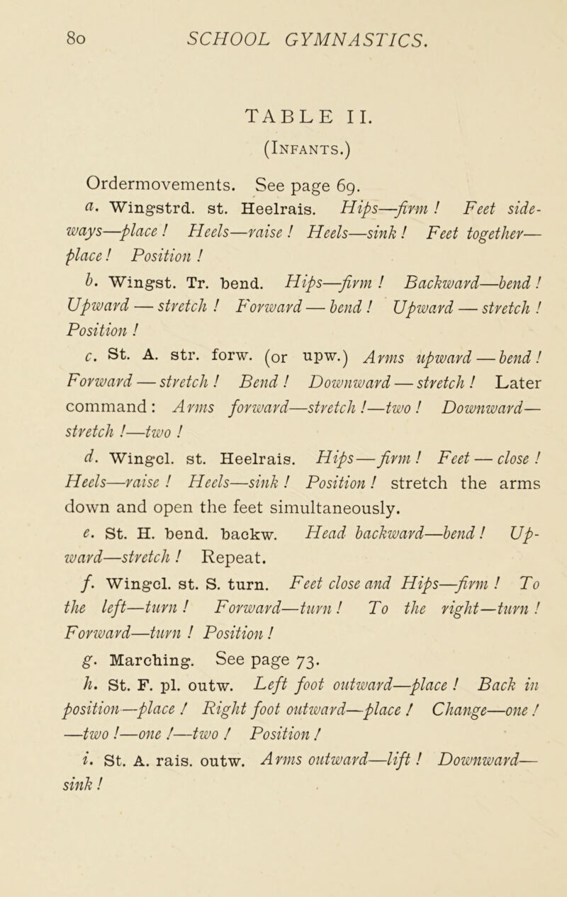 TABLE II. (Infants.) Ordermovements. See page 69. a> Wingstrd. st. Heelrais. Hips—-firm ! Feet side- ways—place ! Heels—raise ! Heels—sink ! Feet together— place! Position ! h. Wingst. Tr. bend. Hips—-firm ! Backward—bend! Upward — stretch ! Forward — bend ! Upward — stretch ! Position ! c. St. A. str. forw. (or upw.) Arms upward — bend! Forward — stretch ! Bend ! Downward — stretch ! Later command: Arms forivard—stretch!—two! Downward— stretch !—two ! d. Wingel. st. Heelrais. Hips—firm! Feet — close! Heels—raise ! Heels—sink ! Position ! stretch the arms down and open the feet simultaneously. c. St. H. bend, backw. Head backward—bend! Up- ward—stretch ! Repeat. /. Wingel. st. S. turn. Feet close and Hips—firm! To the left—turn! Forward—turn! To the right—turn! Forivard—turn ! Position ! g. Marching. See page 73. h. St. F. pi. outw. Left foot outward—place ! Back in position—place ! Right foot outward—place ! Change—one ! —two !—one !—two ! Position ! i. St. A. rais. outw. Arms outward—lift ! Downward— sink!