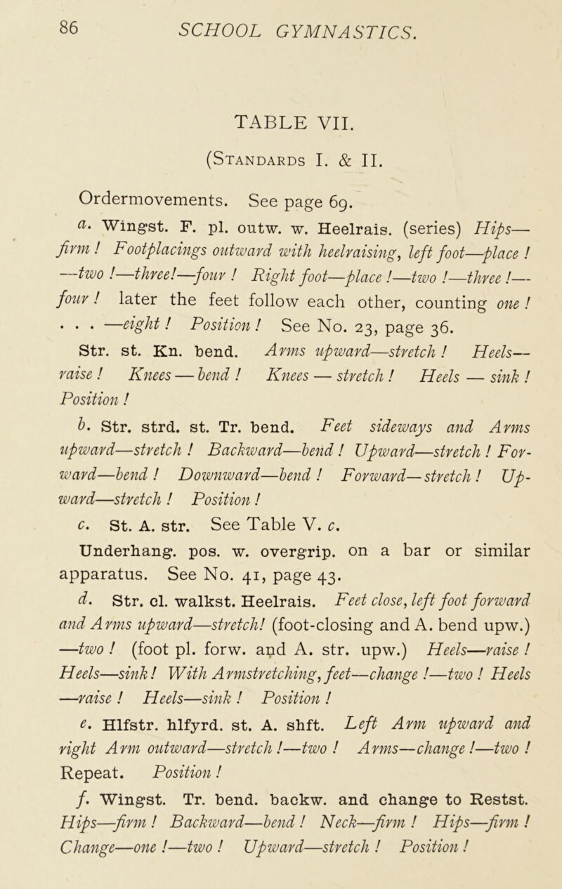 TABLE VII. (Standards I. & II. Ordermovements. See page 69. a% Wingst. F. pi. outw. w. Heelrais. (series) Hips— firm ! Footplacings outward with heelraising, left foot—place ! two ! three!—four ! Right foot—place !—two !—three!— four! later the feet follow each other, counting one ! . . . —eight! Position! See No. 23, page 36. Str. st. Kn. bend. Arms upward—stretch ! Heels— raise ! Knees — bend ! Knees — stretch ! Heels — sink ! Position ! b. Str. strd. st. Tr. bend. Feet sideways and Arms upward—stretch ! Backward—bend ! Upward—stretch ! For- ward—bend! Downward—bend! Forward—stretch ! Up- ward—stretch ! Position ! c. St. A. str. See Table V. c. Underhang. pos. w. overgrip, on a bar or similar apparatus. See No. 41, page 43. d. Str. cl. walkst. Heelrais. Feet close, left foot forward and Arms upward—stretch! (foot-closing and A. bend upw.) —two ! (foot pi. forw. apd A. str. upw.) Heels—raise ! Heels—sink ! With Armstretching, feet—change !—two ! Heels —raise ! Heels—sink ! Position ! e- Hlfstr. hlfyrd. st. A. shft. Left Arm upward and right Arm outward—stretch!—two ! Arms—change!—two ! Repeat. Position! f. Wingst. Tr. bend, backw. and change to Restst. Hips—-firm ! Backward—bend! Neck—firm ! Hips—firm ! Change—one !—two ! Upward—stretch ! Position !